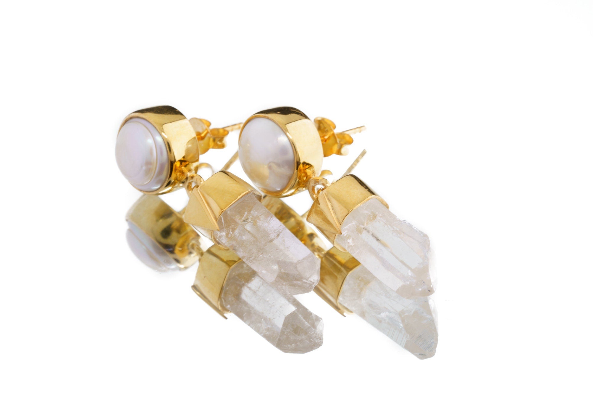 South Sea Pearl & Himalayan Quartz Dangle Studs - Gold Plated Sterling Silver