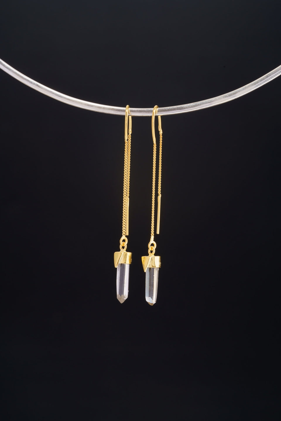 Single Himalayan Quartz gold-plated dangle earring displayed on a choker-style necklace for scale and styling.