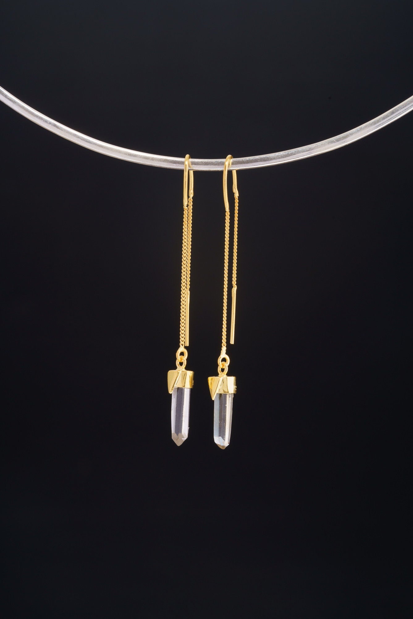 Himalayan Quartz Point Pair - Gold Plated Sterling Silver - Dangle Thread Hook Earring