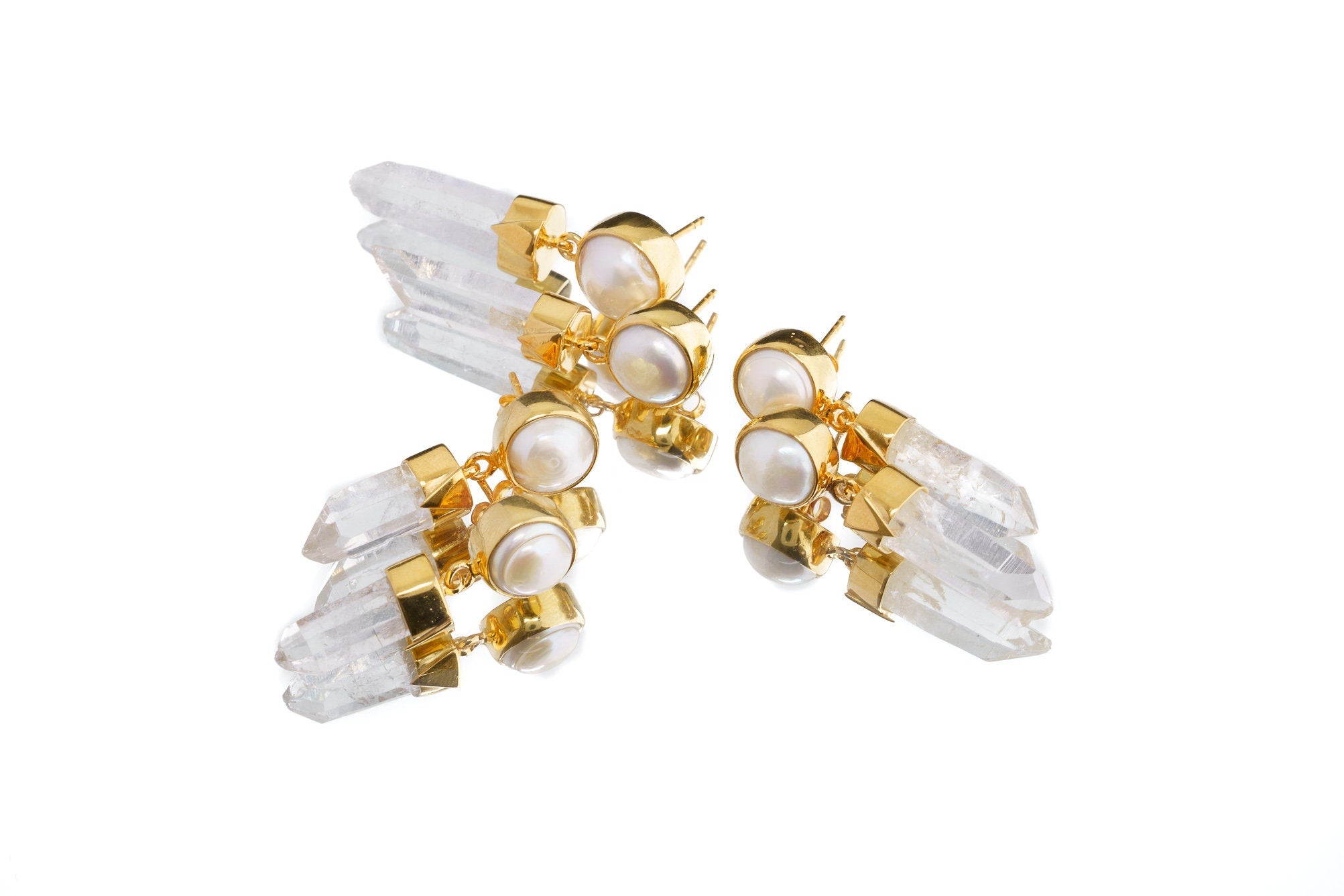 South Sea Pearl & Himalayan Quartz Dangle Studs - Gold Plated Sterling Silver