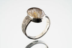 Men's / Unisex Large Crystal Ring - Rare Copper Rutile Quartz Cabochon - Size 9 US - 925 Sterling Silver - Hammer Textured & Oxidised