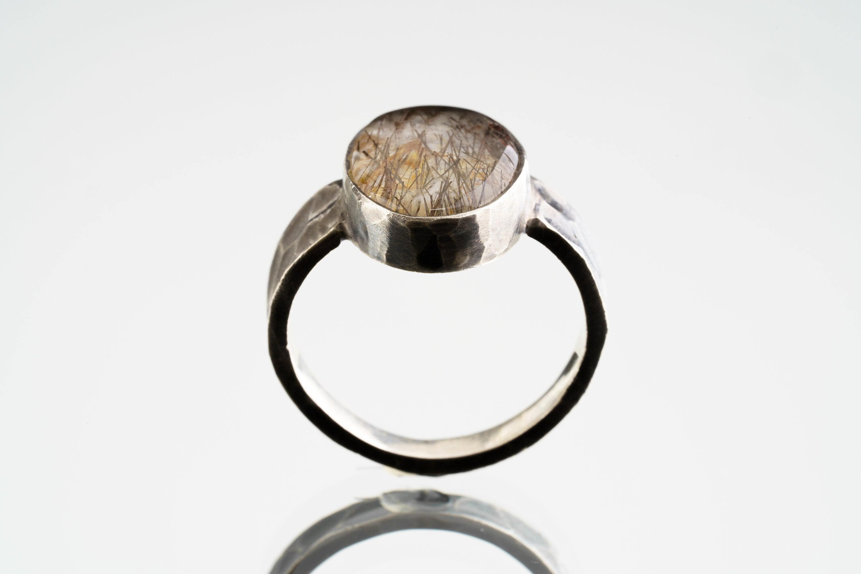 Men's / Unisex Large Crystal Ring - Rare Copper Rutile Quartz Cabochon - Size 9 US - 925 Sterling Silver - Hammer Textured & Oxidised