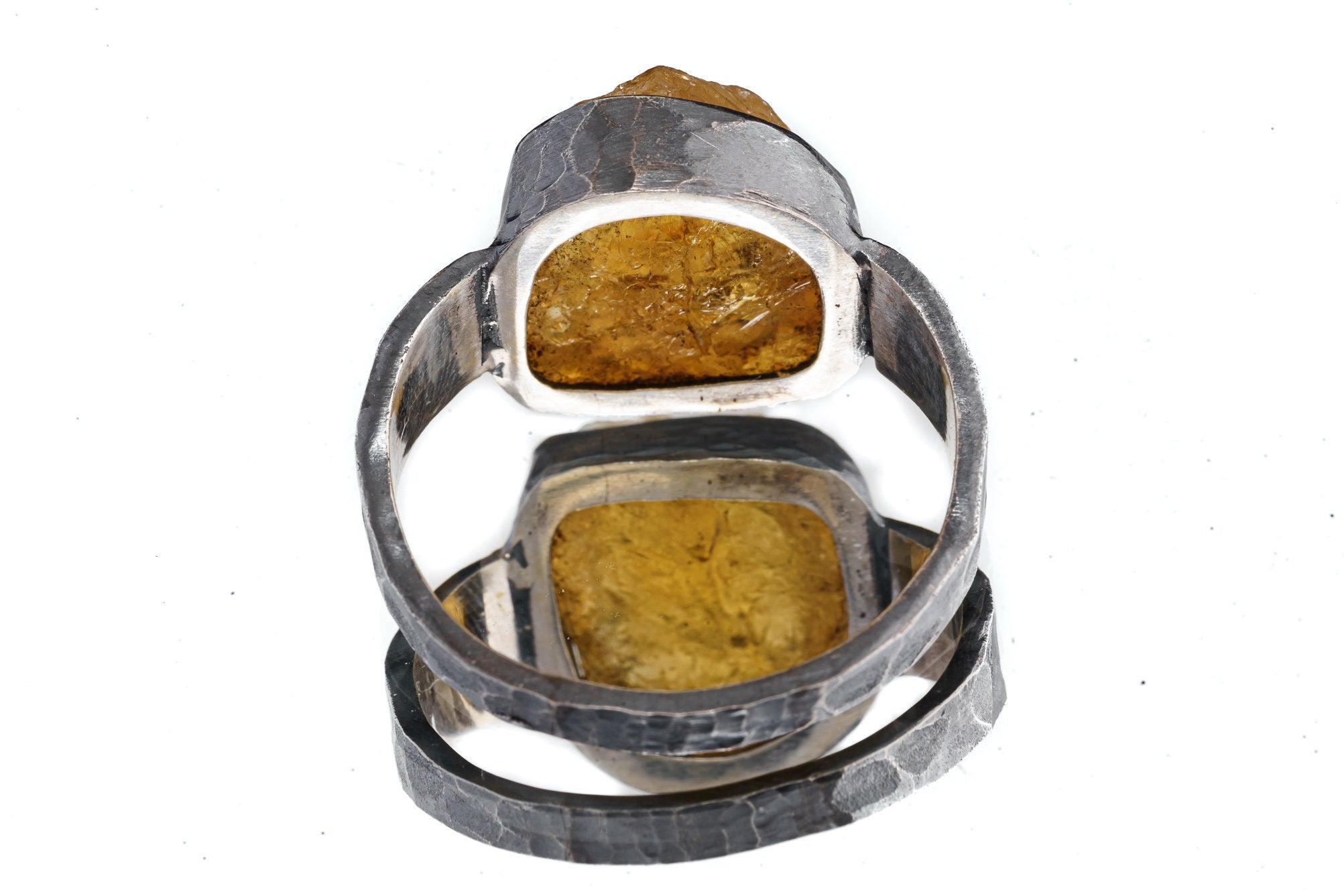 Raw Citrine Quartz Chunk - Men's/Unisex Large Crystal Ring - Size 14 US - 925 Sterling Silver - Hammer Textured & Oxidised