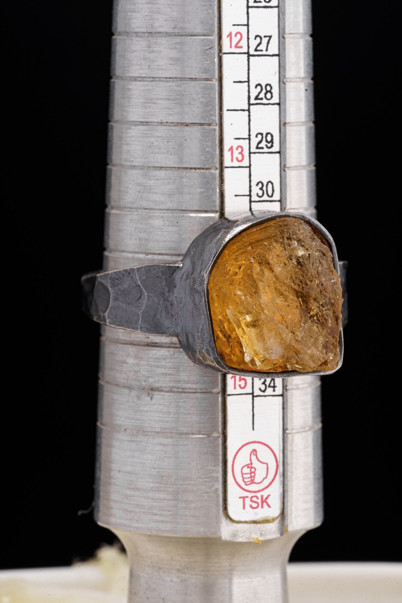 Raw Citrine Quartz Chunk - Men's/Unisex Large Crystal Ring - Size 14 US - 925 Sterling Silver - Hammer Textured & Oxidised