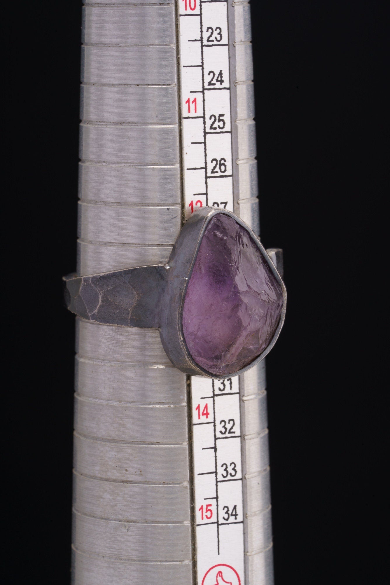 Raw clean Amethyst Chunk - Men's/Unisex Large Crystal Ring - Size 13 US - 925 Sterling Silver - Hammer Textured & Oxidised