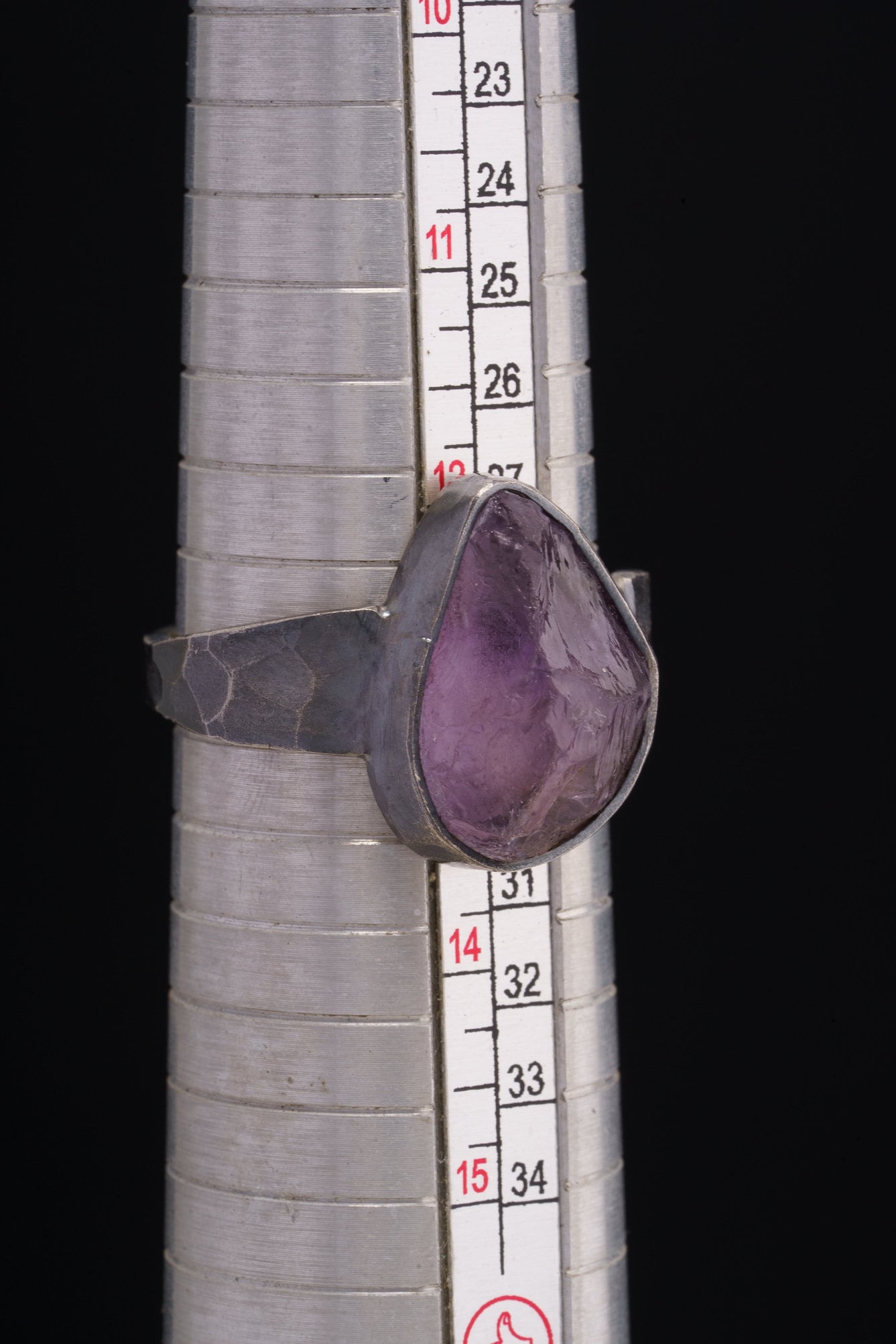 Raw clean Amethyst Chunk - Men's/Unisex Large Crystal Ring - Size 13 US - 925 Sterling Silver - Hammer Textured & Oxidised