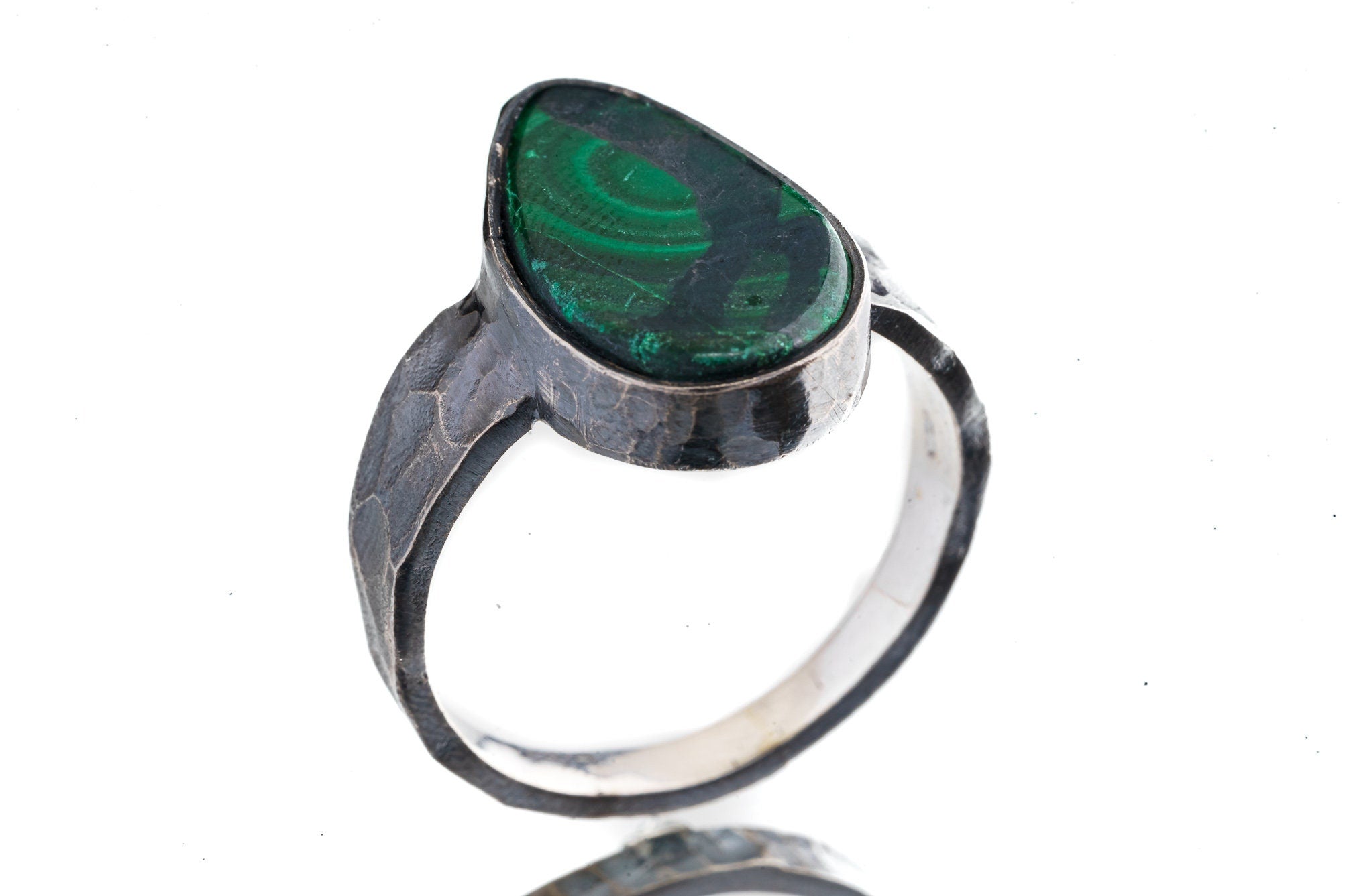 Flat Malachite Teardrop Cabochon - Men's / Unisex Large Crystal Ring - Size 12.5 US - 925 Sterling Silver - Hammer Textured & Oxidised