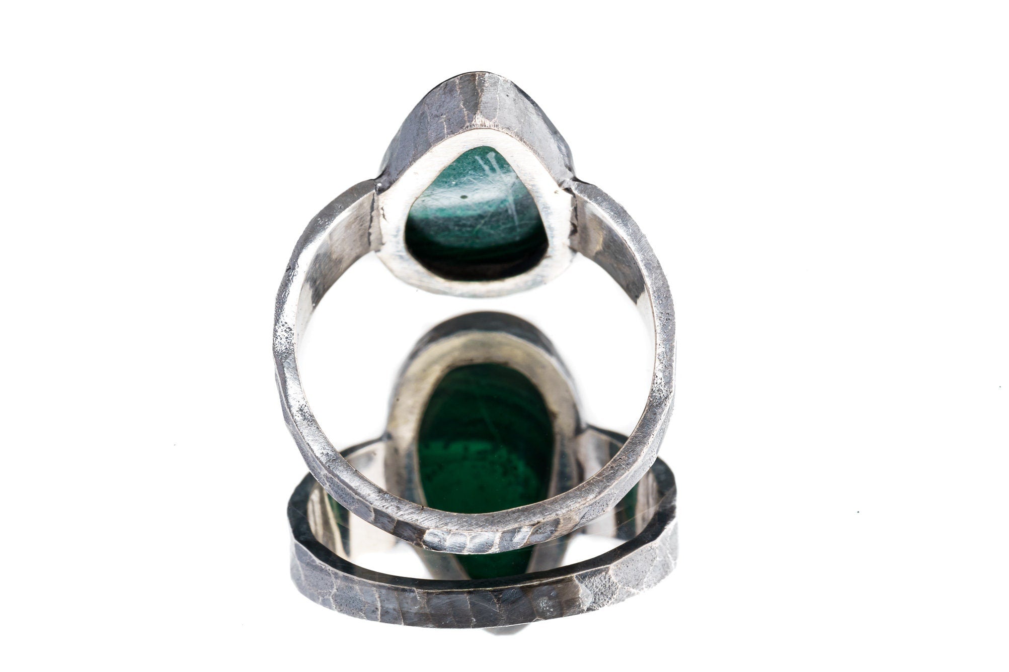 Flat Malachite Teardrop Cabochon - Men's / Unisex Large Crystal Ring - Size 12.5 US - 925 Sterling Silver - Hammer Textured & Oxidised