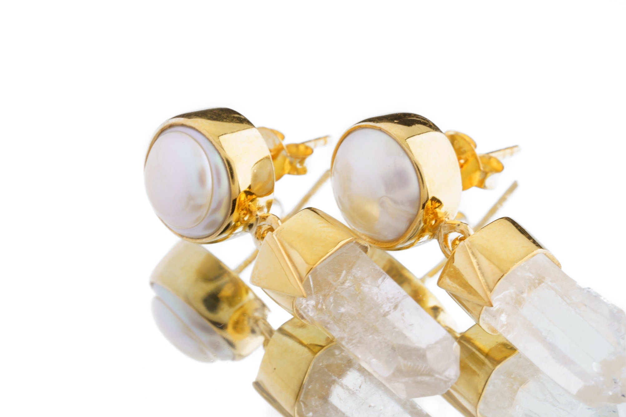 South Sea Pearl & Himalayan Quartz Dangle Studs - Gold Plated Sterling Silver