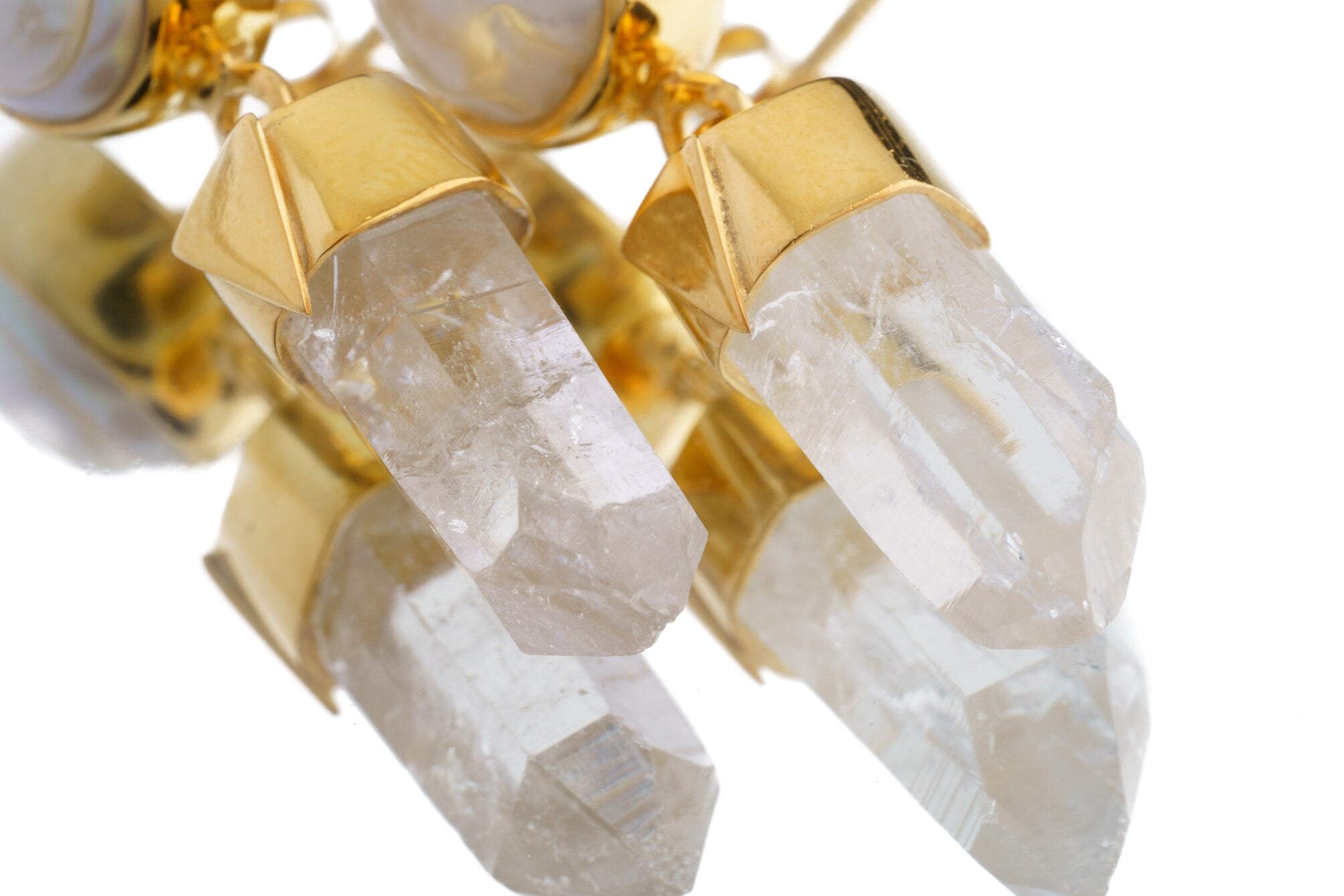 South Sea Pearl & Himalayan Quartz Dangle Studs - Gold Plated Sterling Silver