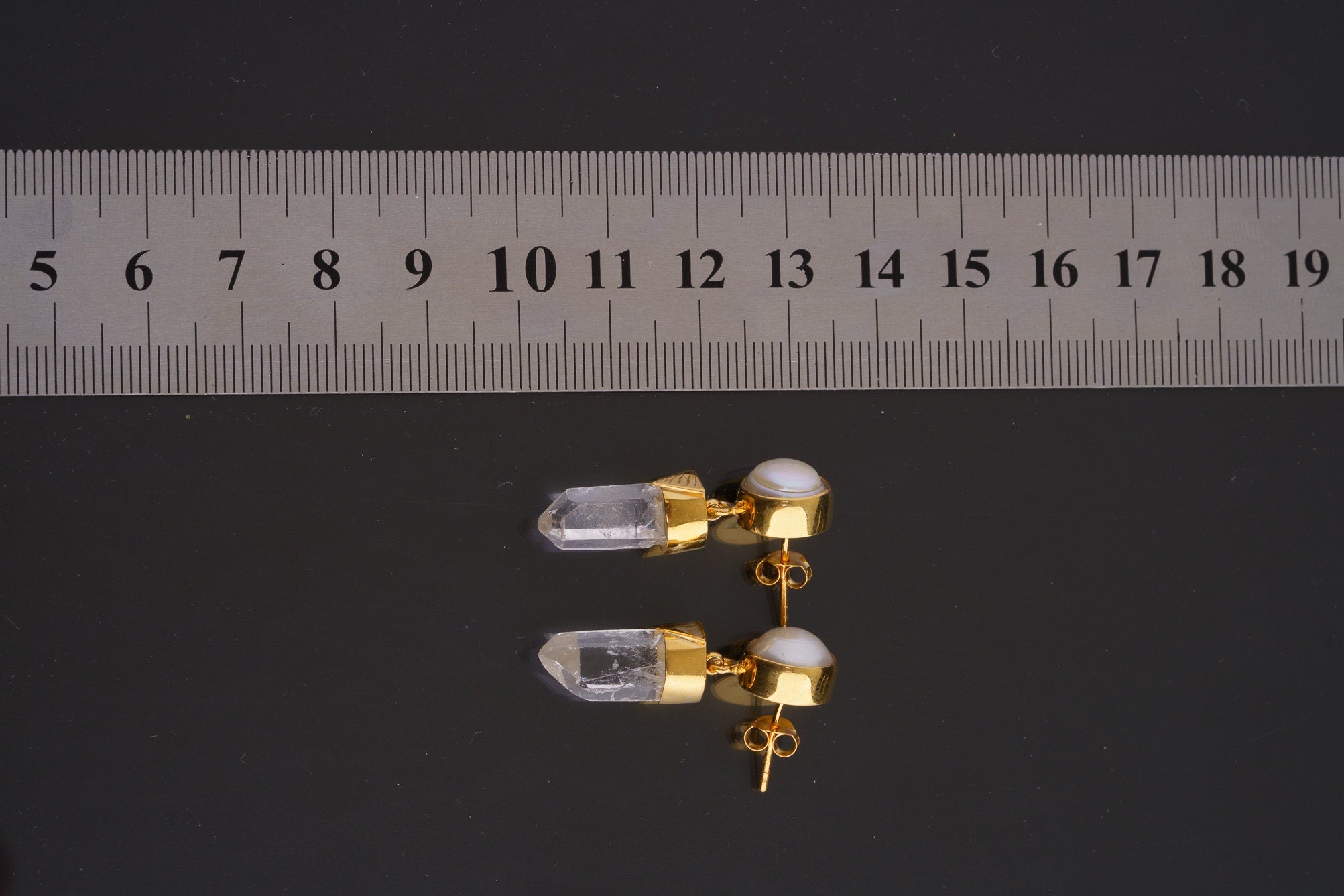 South Sea Pearl & Himalayan Quartz Dangle Studs - Gold Plated Sterling Silver