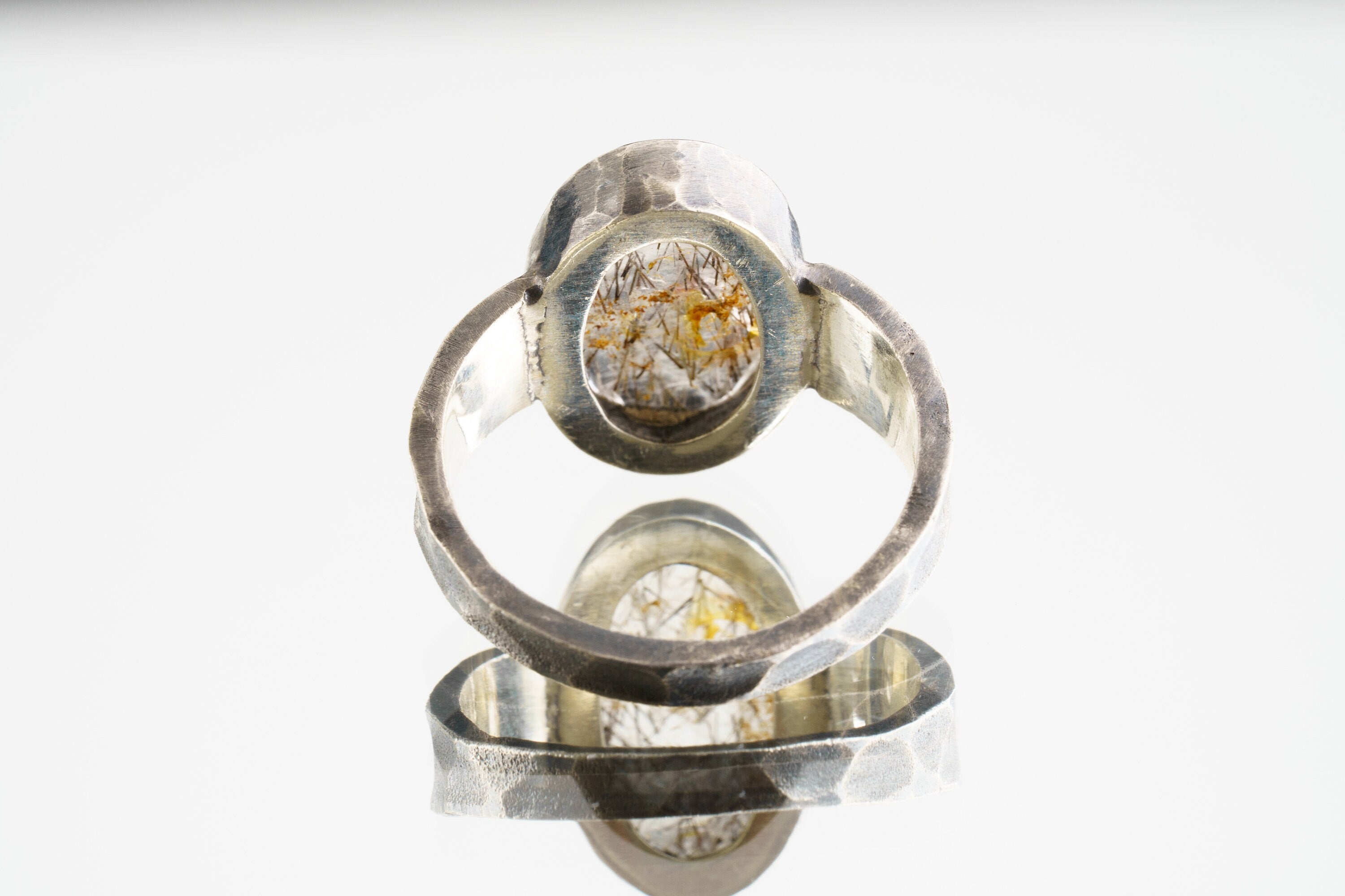Men's / Unisex Large Crystal Ring - Rare Copper Rutile Quartz Cabochon - Size 9 US - 925 Sterling Silver - Hammer Textured & Oxidised