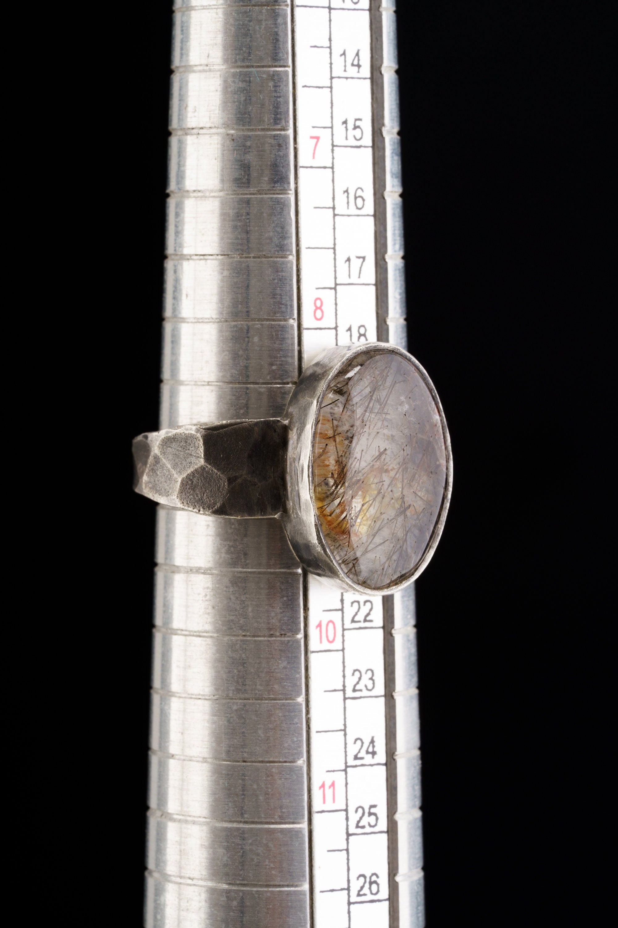 Men's / Unisex Large Crystal Ring - Rare Copper Rutile Quartz Cabochon - Size 9 US - 925 Sterling Silver - Hammer Textured & Oxidised