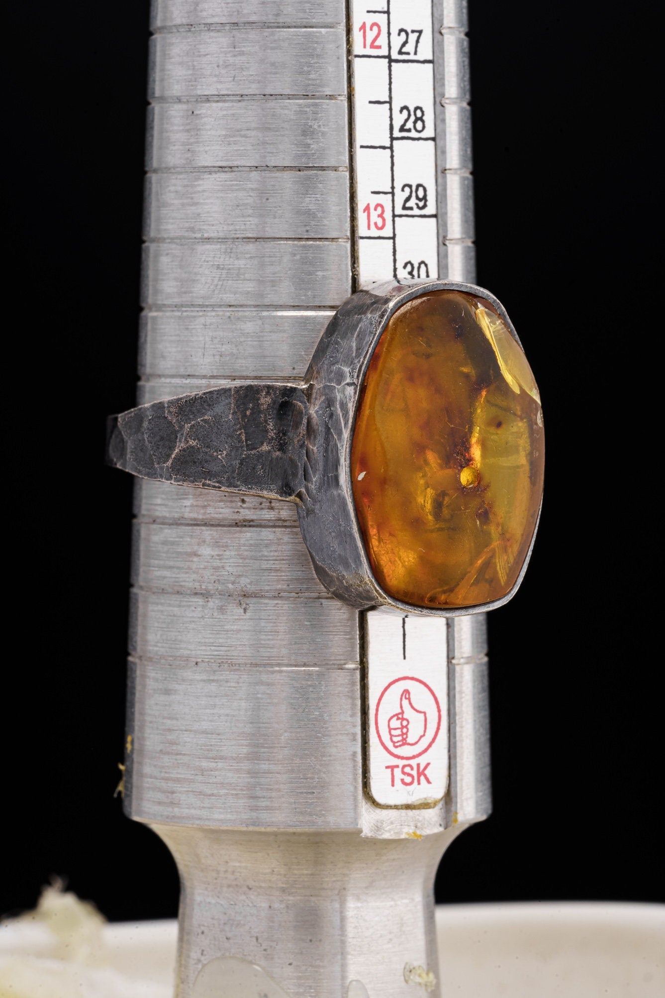 Freeform Mexican Amber Ring, Unisex/Men's Large Crystal Ring, Size 14 US, 925 Sterling Silver, Hammer Textured & Oxidised Jewlery