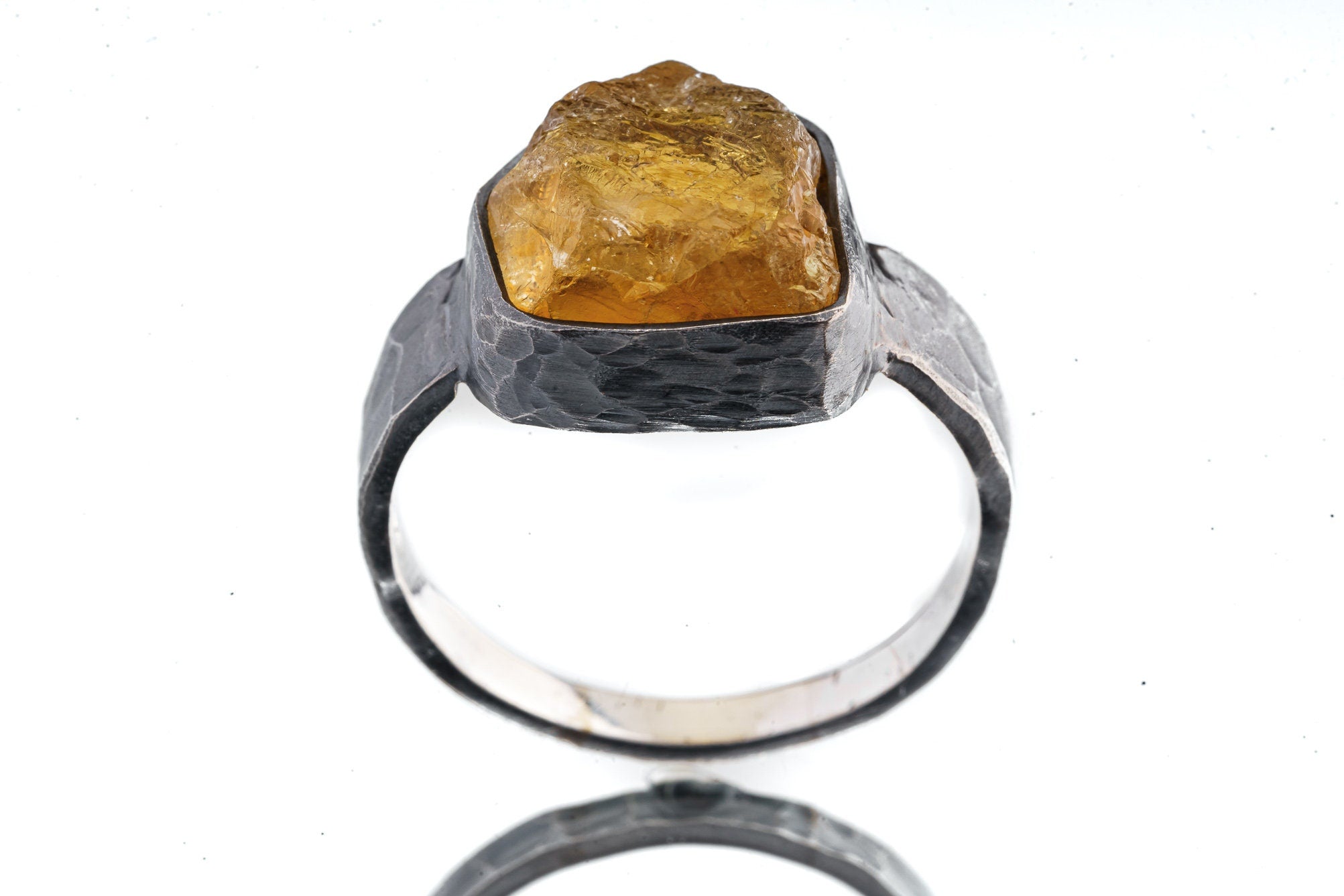 Raw Citrine Quartz Chunk - Men's/Unisex Large Crystal Ring - Size 14 US - 925 Sterling Silver - Hammer Textured & Oxidised