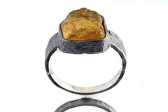 Raw Citrine Quartz Ring: Hammered Oxidized Sterling Silver, Size 14