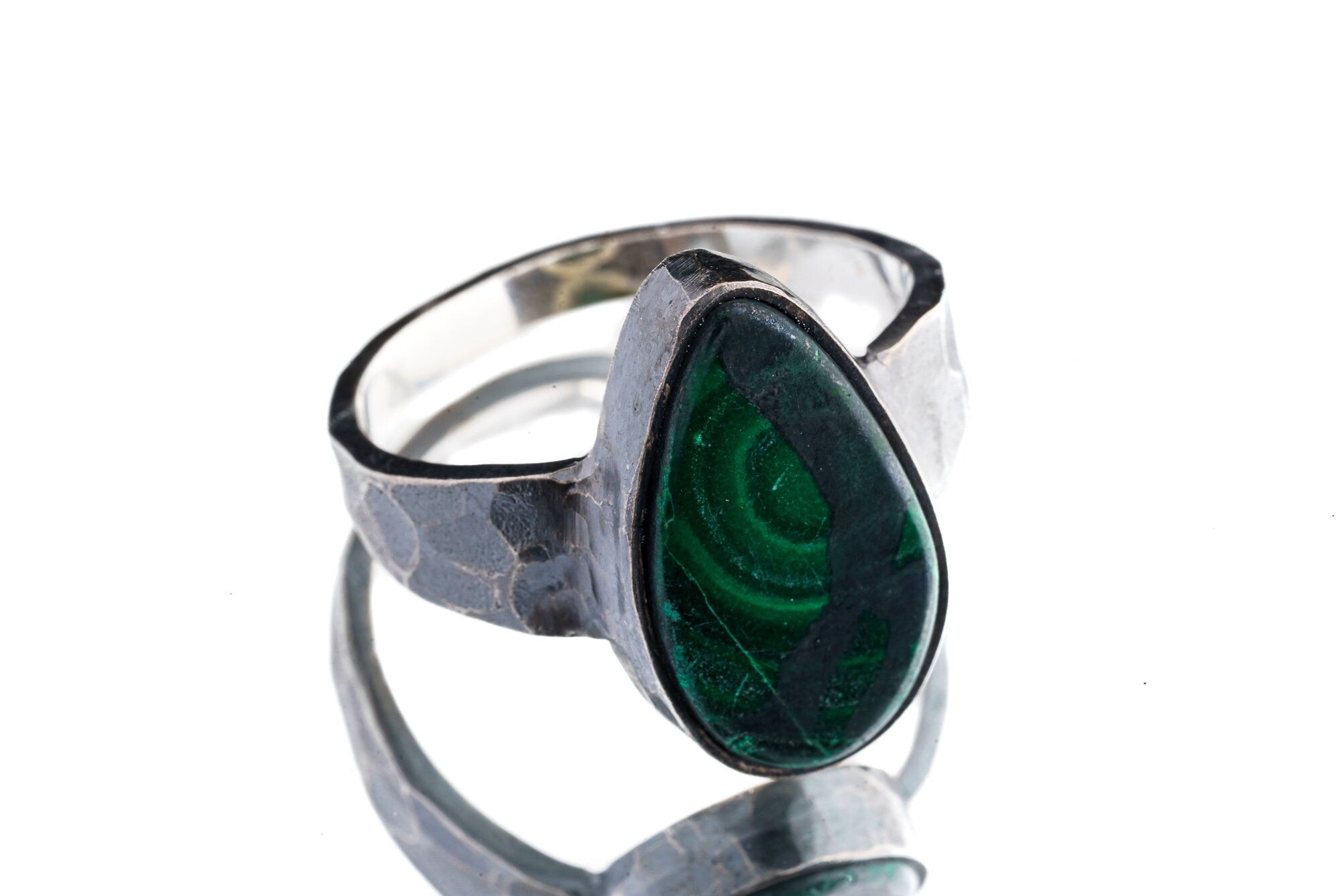Flat Malachite Teardrop Cabochon - Men's / Unisex Large Crystal Ring - Size 12.5 US - 925 Sterling Silver - Hammer Textured & Oxidised