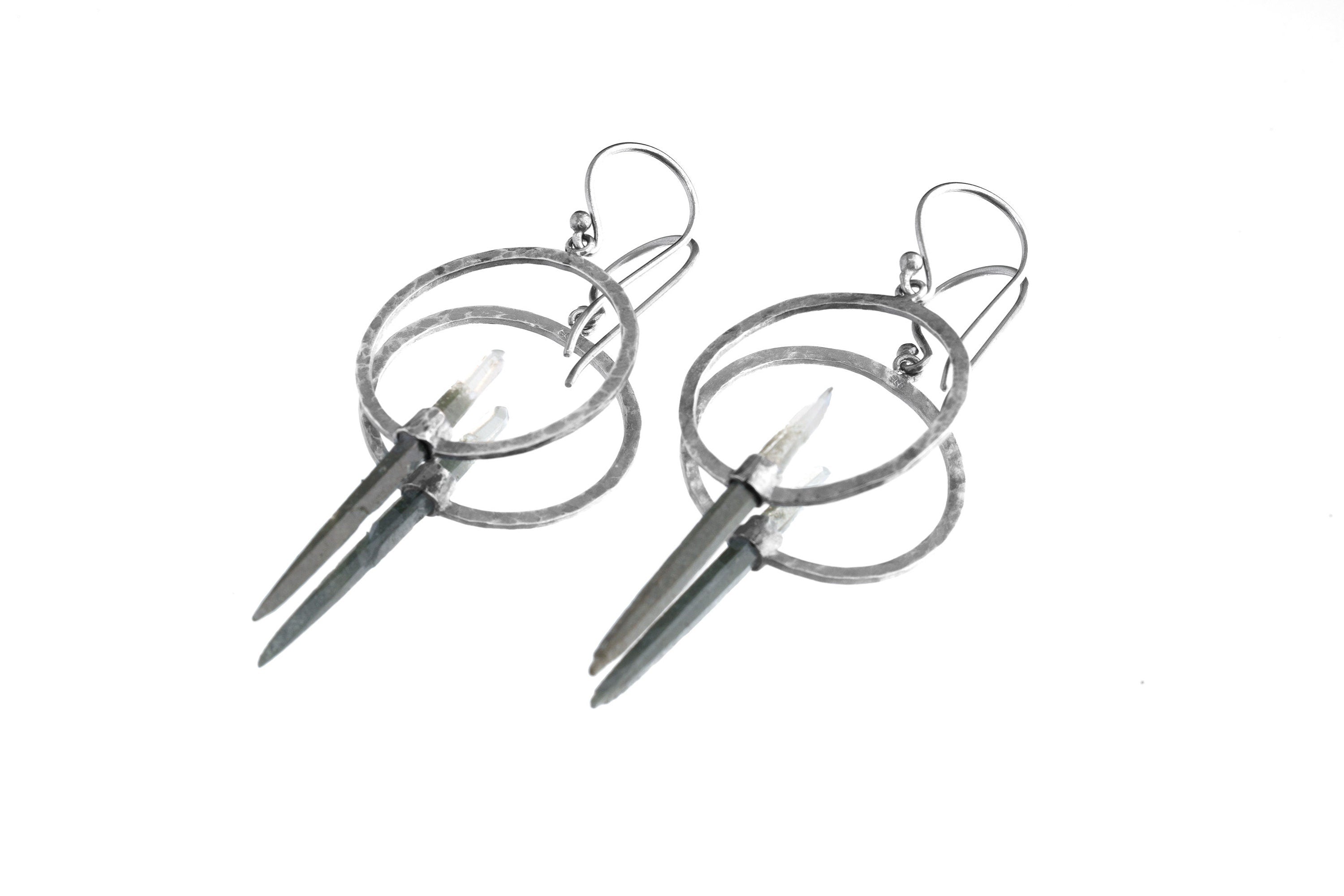 Oxidized Sterling Silver Hoop Earrings, Chlorite Phantom Quartz Dangle