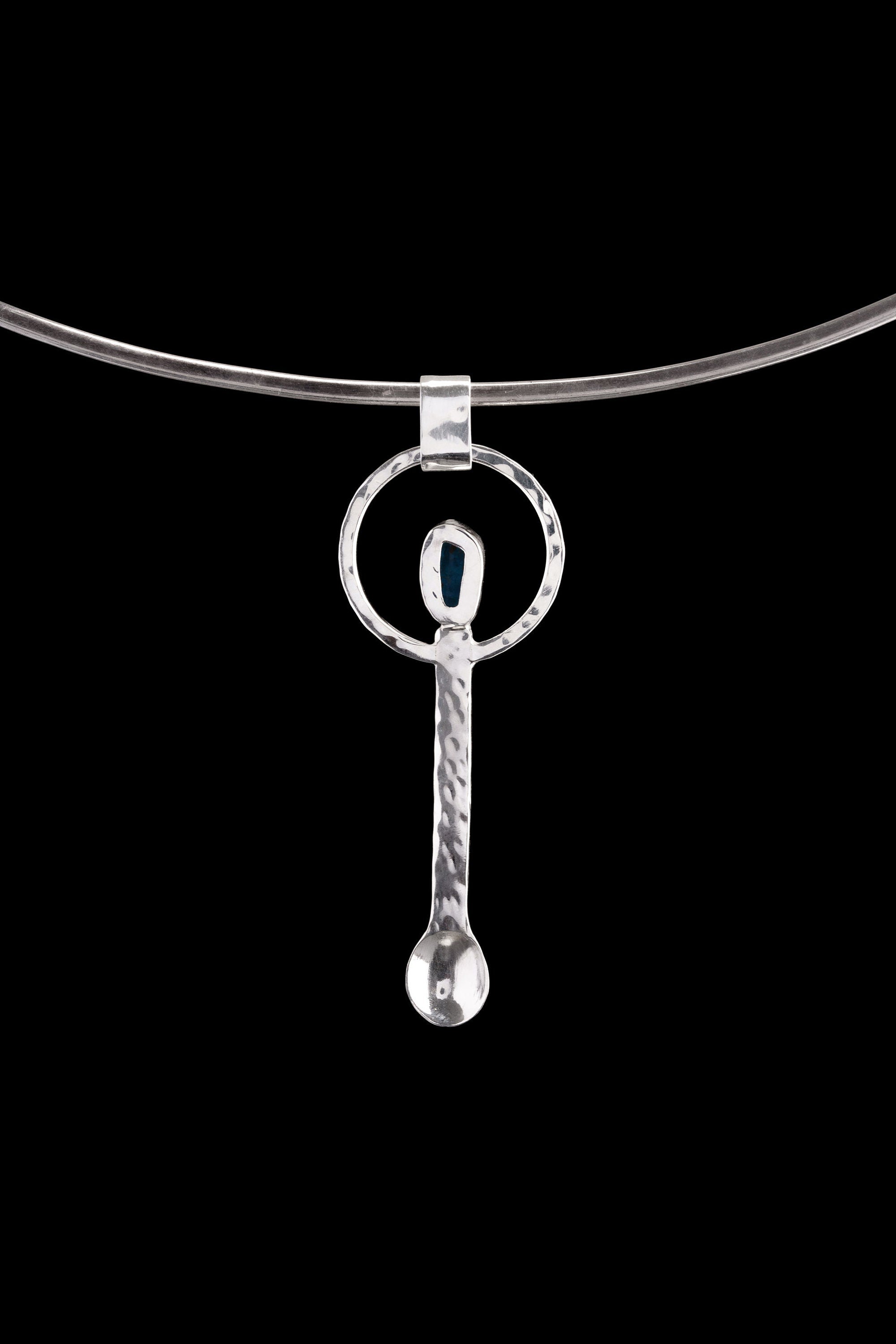 Blue Apatite silver ritual spoon displayed on a choker, showing wearable talisman styling and spoon form.