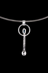 Blue Apatite silver ritual spoon displayed on a choker, showing wearable talisman styling and spoon form.