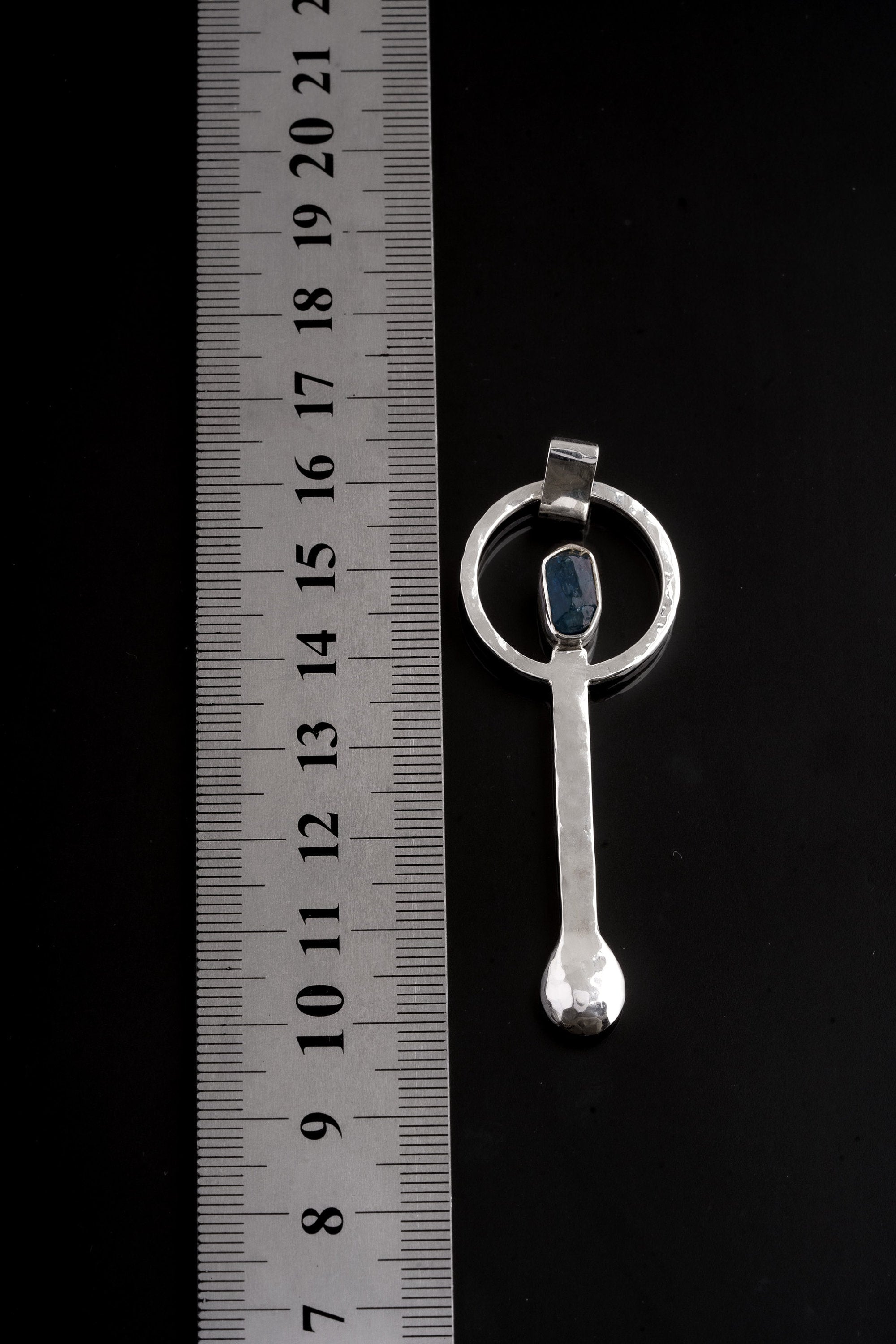 Blue Apatite sterling silver ritual spoon shown beside a ruler for scale with solid cast silver body.