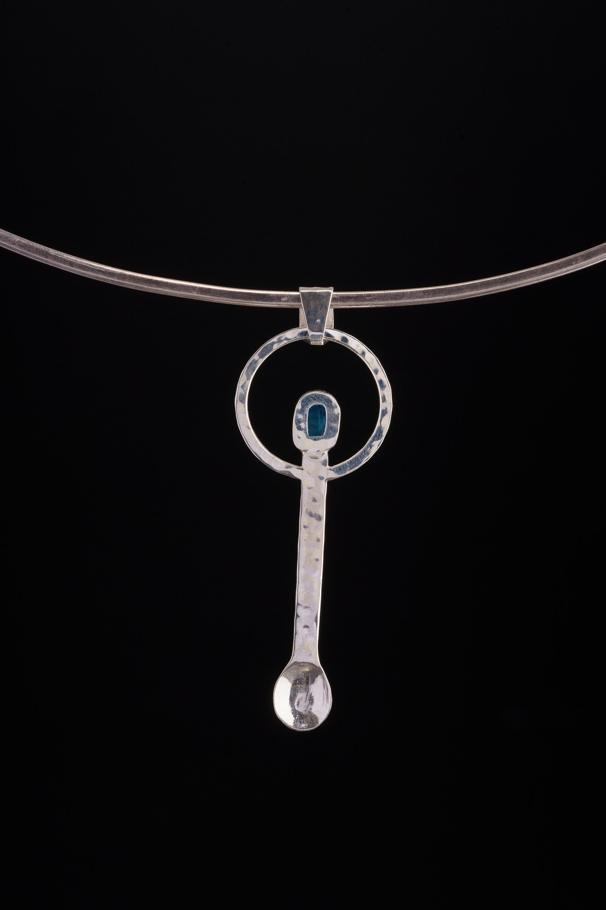 Raw Double Terminated Blue Gem Apatite - Spice / Ceremonial Spoon - 925 Cast Silver - Unique Hammer Textured - Crystal Pendant Necklace -