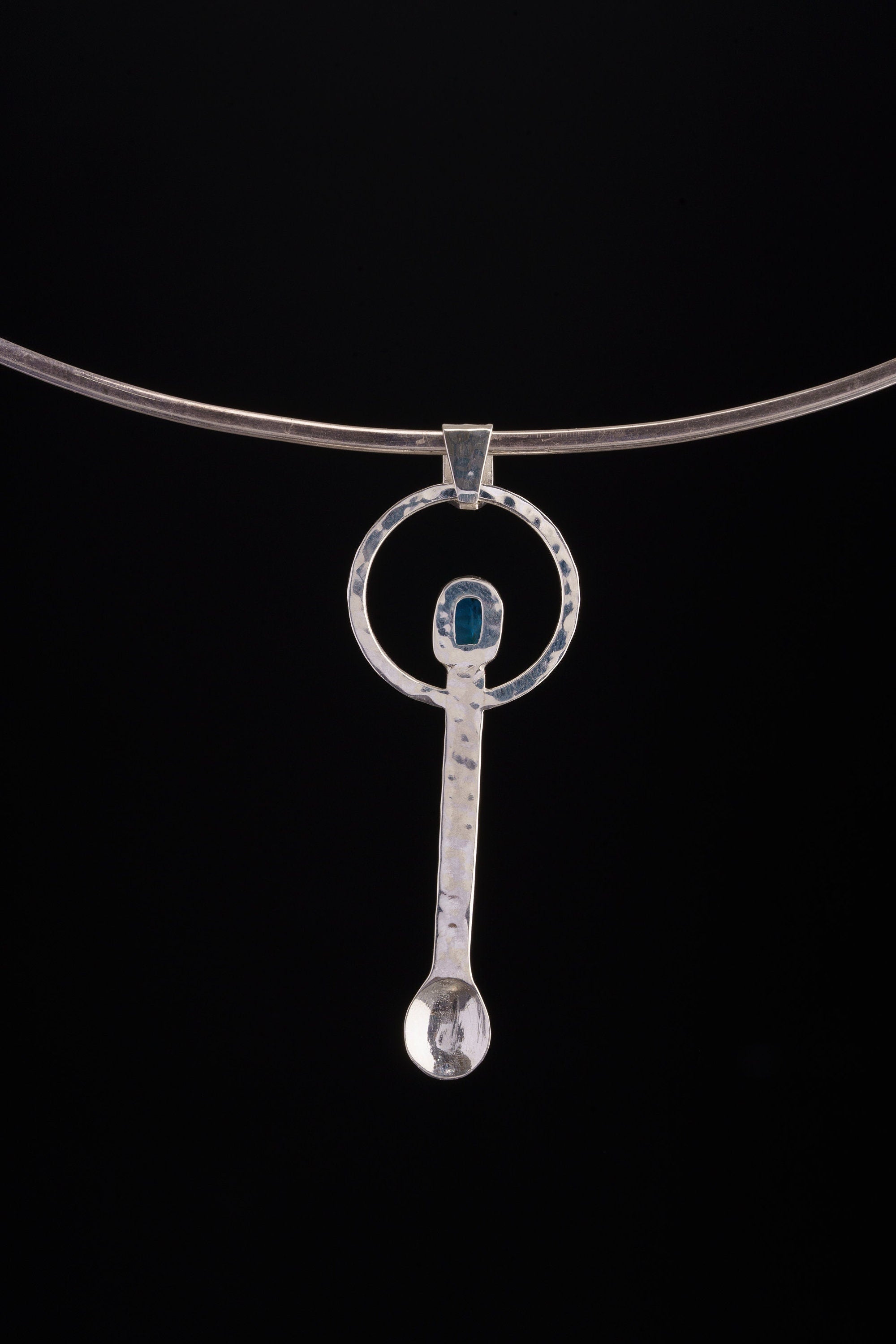 Blue Apatite Spoon Pendant: Hammered Sterling Silver Necklace