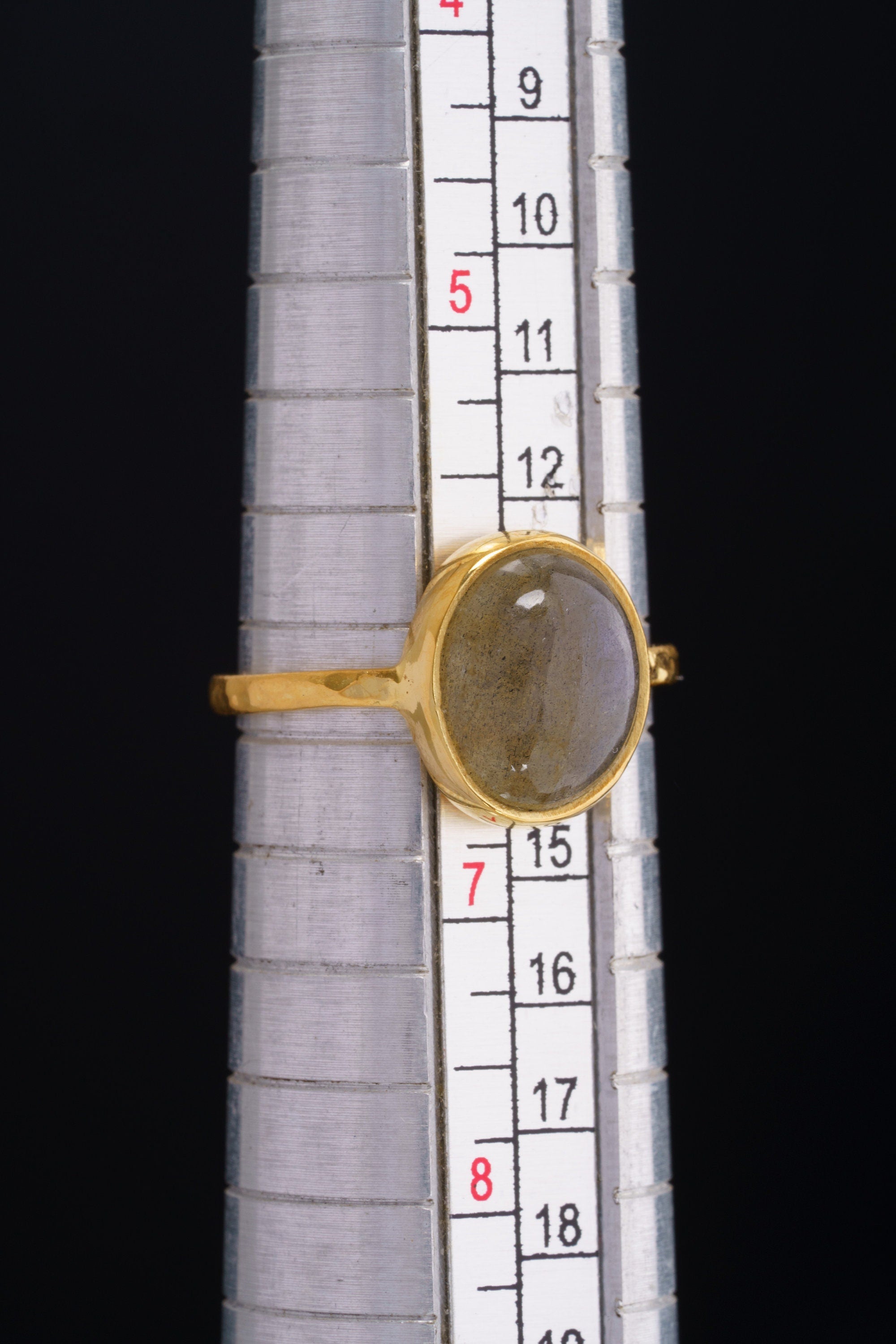 High Grade Labradorite - Stack Crystal Ring - Size 6 1/2 US - Gold Plated 925 Sterling Silver - Thin Band Hammer Textured
