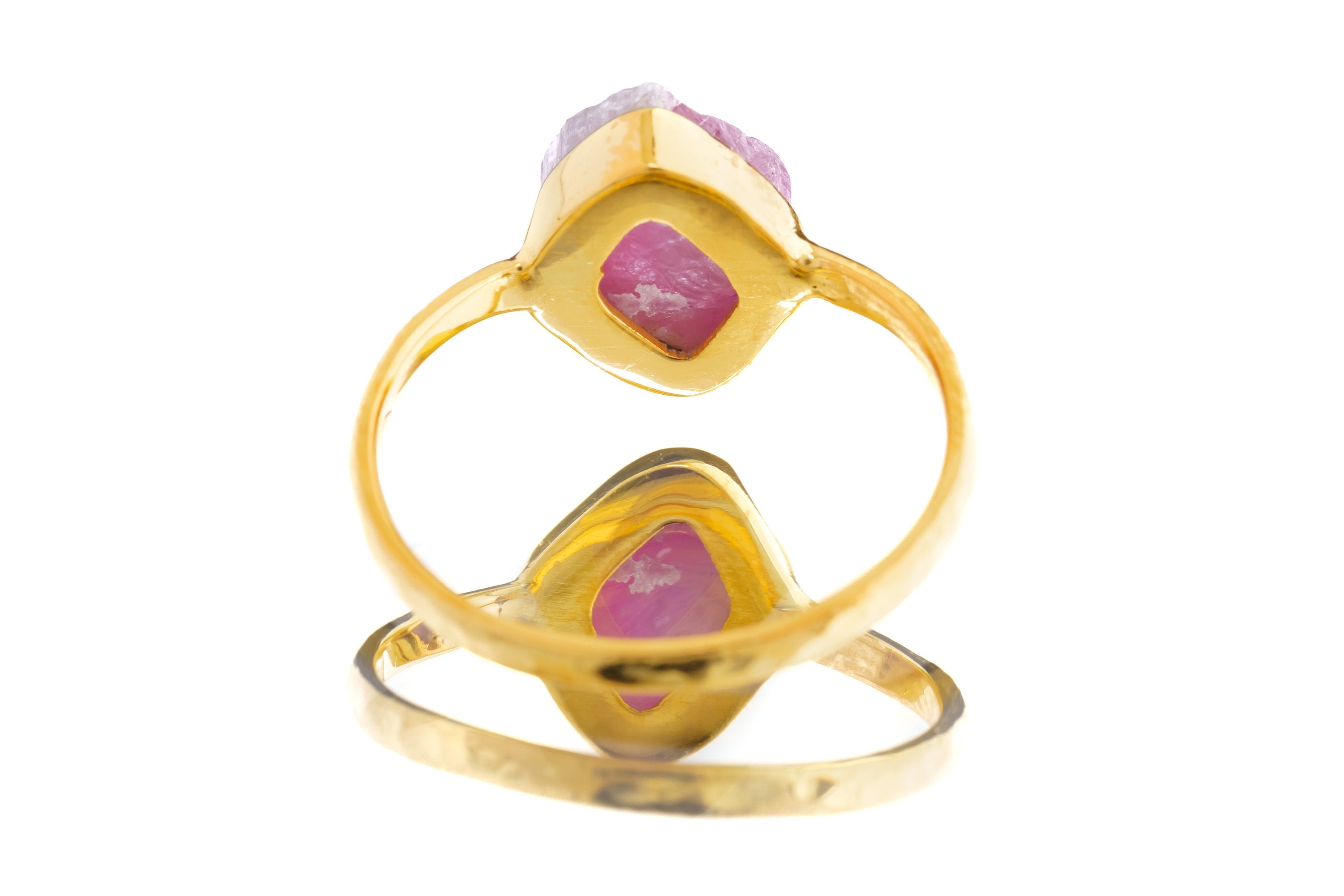 Mostly Pink Watermelon Tourmaline - Size 6 US - Gold Plated 925 Sterling Silver - Thin Band Hammer Textured