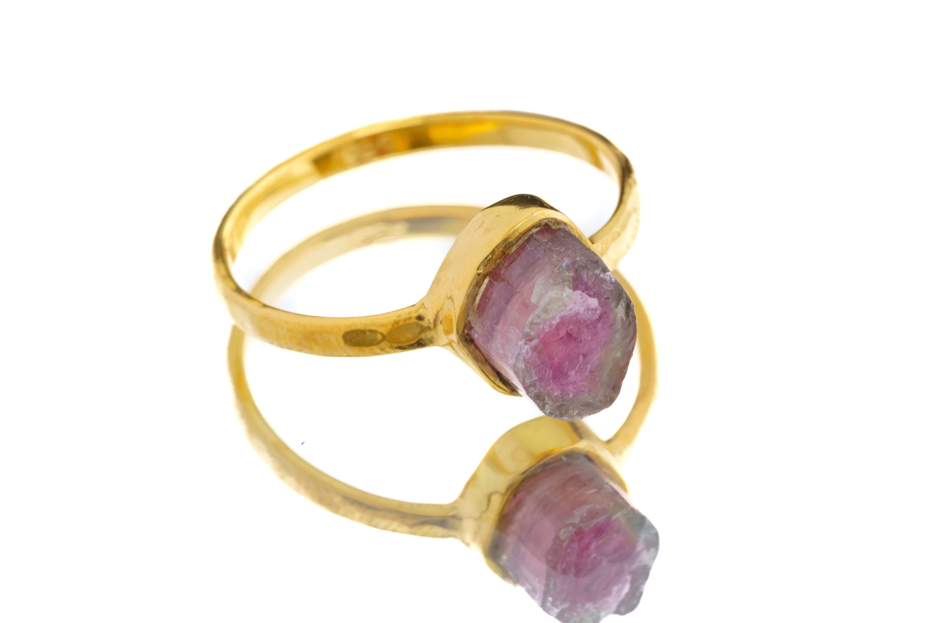 Gold-plated Watermelon Tourmaline ring shown on a light background, with rose green crystal and polished handmade band.