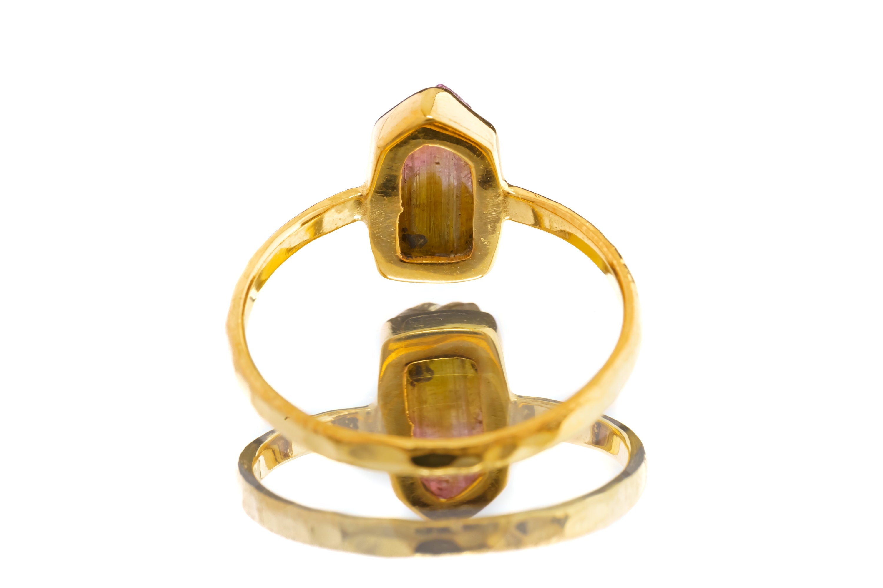 Back view of Watermelon Tourmaline sterling silver ring showing the circular band and raised handmade gemstone setting.