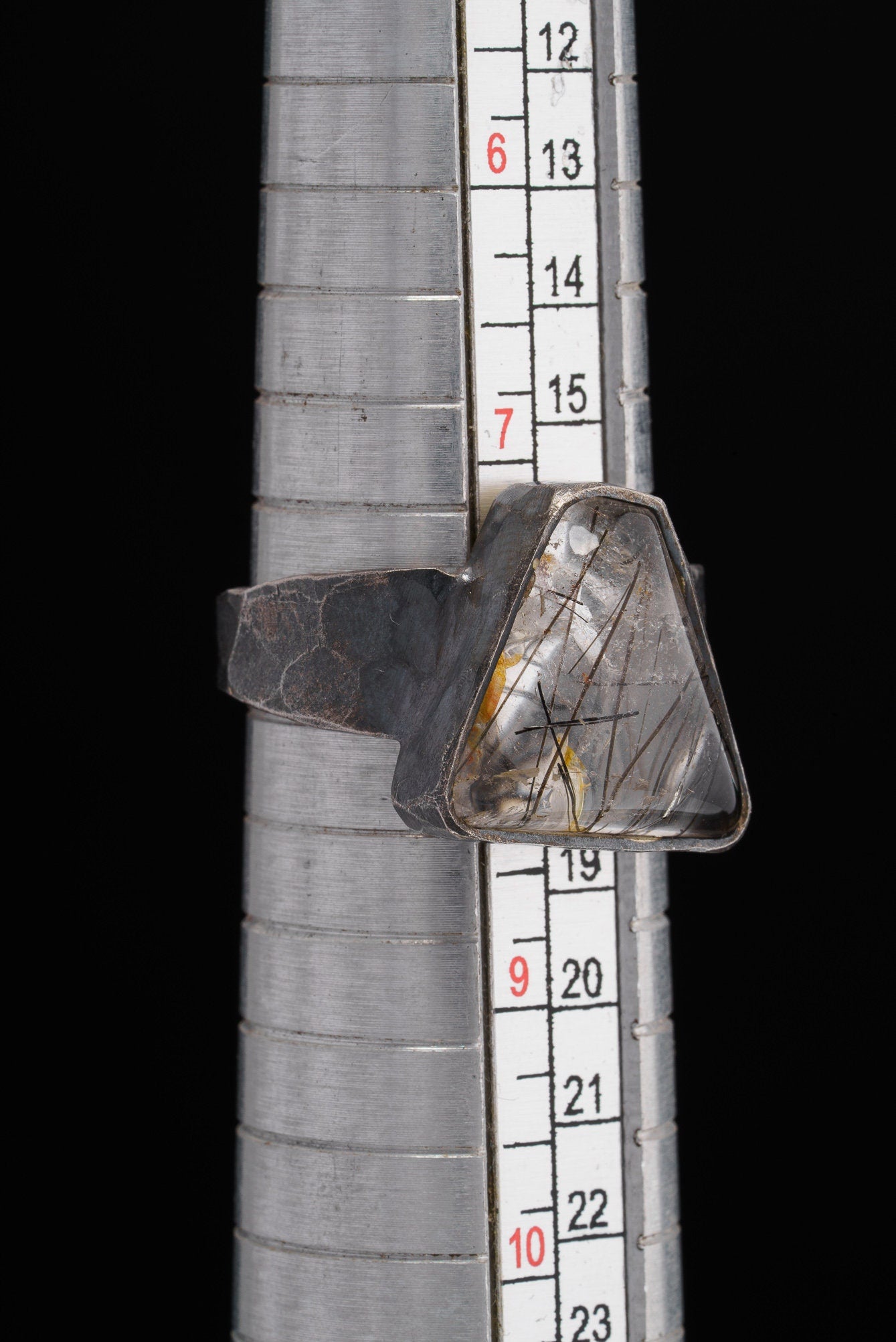 Triangle Black Rutile Quartz Cabochon - Men's / Unisex Large Crystal Ring - Size 8 3/4 US - 925 Sterling Silver - Hammer Textured & Oxidised