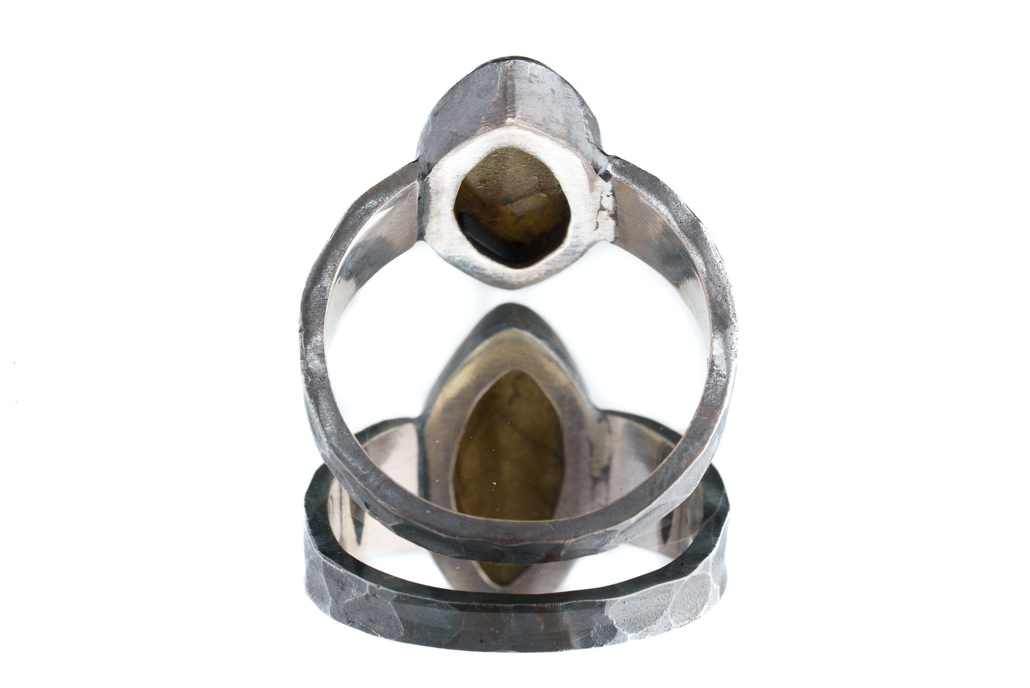 Back view of Labradorite ring showing open-back bezel construction and hammered oxidized sterling silver band.