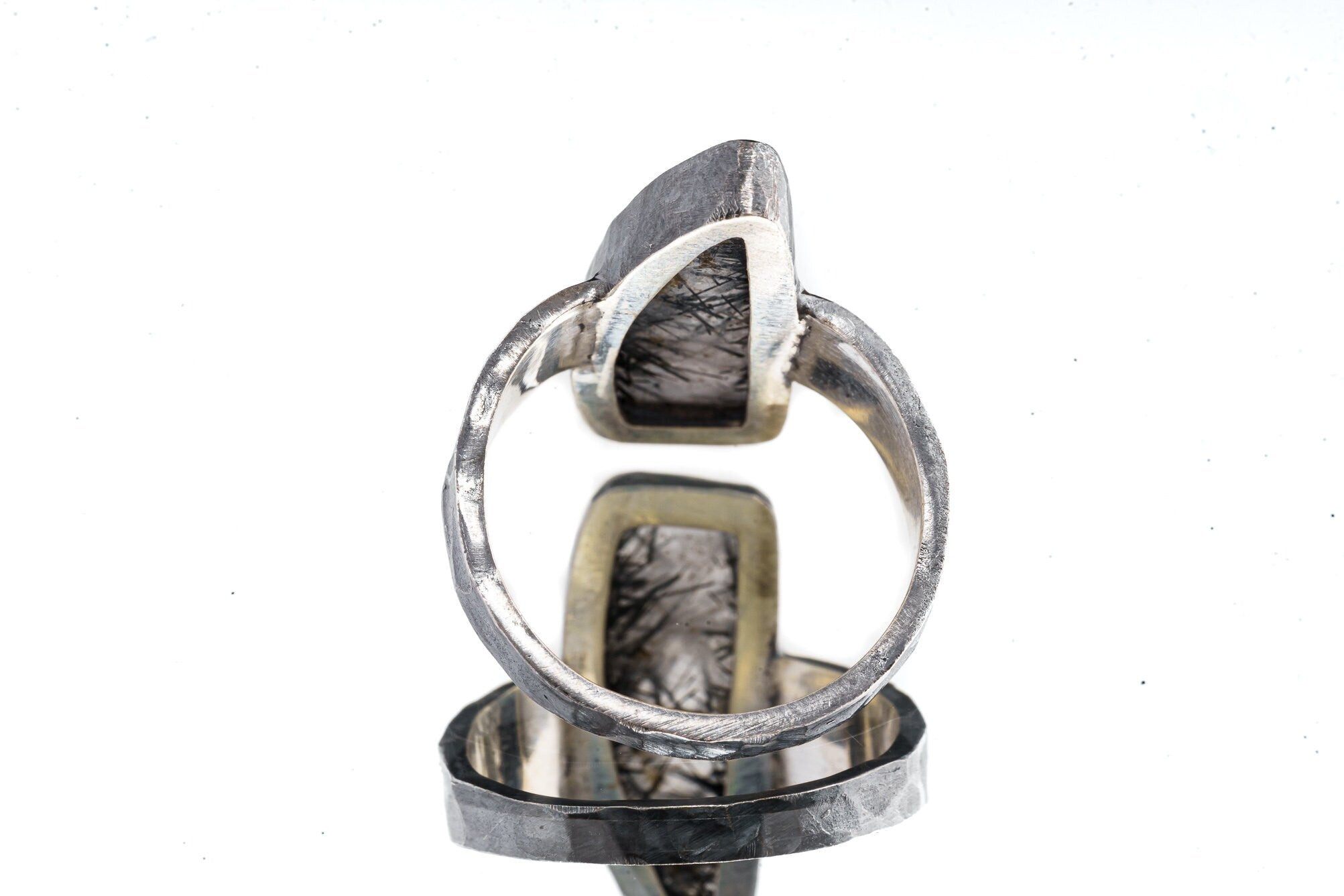 Tooth Black Rutile Quartz Cabochon - Men's / Unisex Large Crystal Ring - Size 12 US - 925 Sterling Silver - Hammer Textured & Oxidised