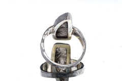 Tooth Black Rutile Quartz Cabochon - Men's / Unisex Large Crystal Ring - Size 12 US - 925 Sterling Silver - Hammer Textured & Oxidised