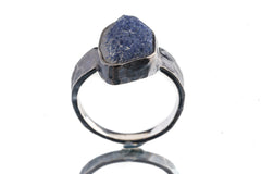 Front view of Dumortierite ring showing deep blue mineral stone and oxidized sterling silver setting.