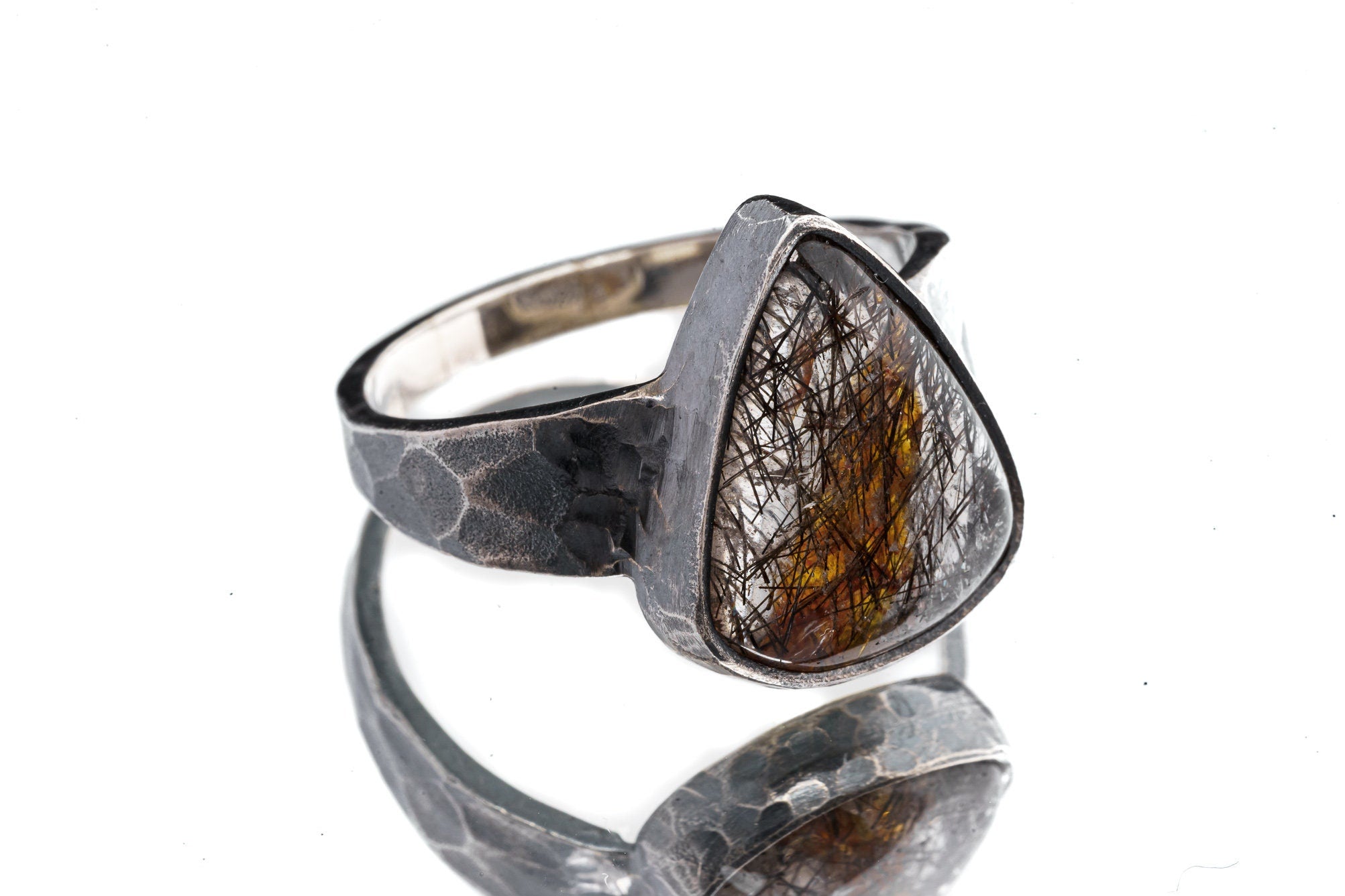Triangle Black Rutile Quartz Cabochon - Men's / Unisex Large Crystal Ring - Size 13 US - 925 Sterling Silver - Hammer Textured & Oxidised