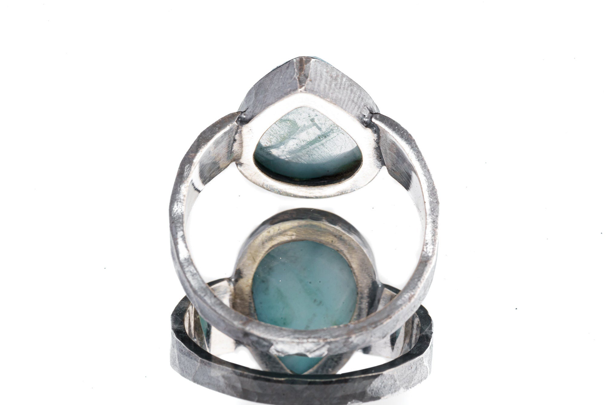 Larimar Mens Ring 925 Sterling Silver Hammer Textured Band Dominican Blue Stone Throat Chakra Talisman