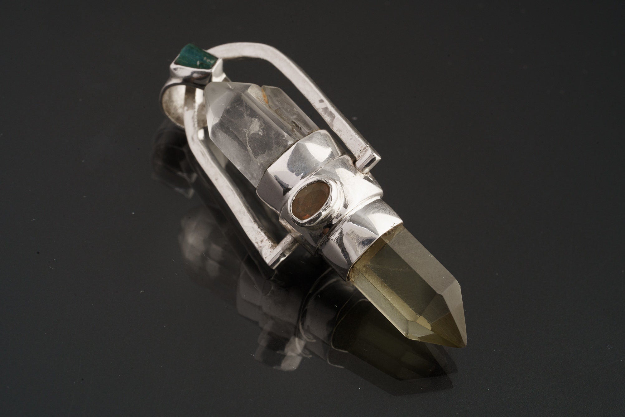Citirine Generator & Phantom Chloride Quartz with a Ethiopian Opal, Labradorite, Apatite - Sterling Silver Set - Spinning Crystal Pendant