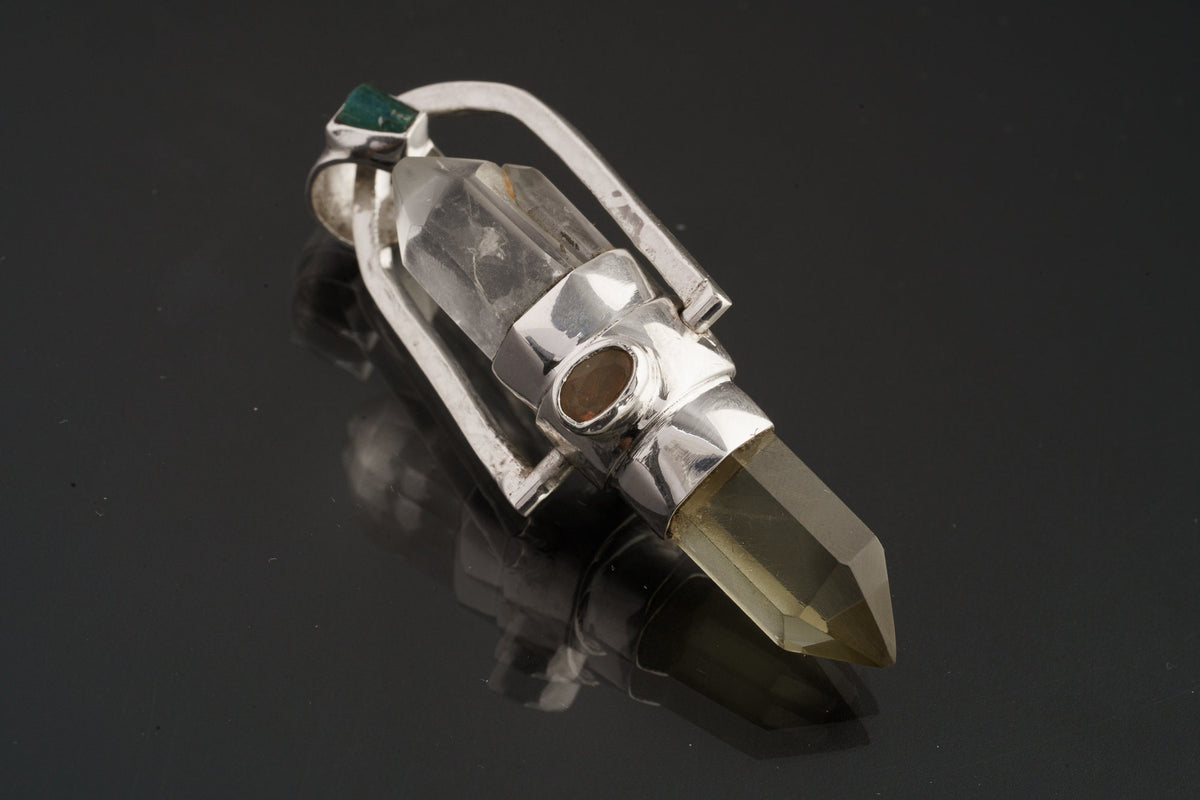 Citirine Generator & Phantom Chloride Quartz with a Ethiopian Opal, Labradorite, Apatite - Sterling Silver Set - Spinning Crystal Pendant