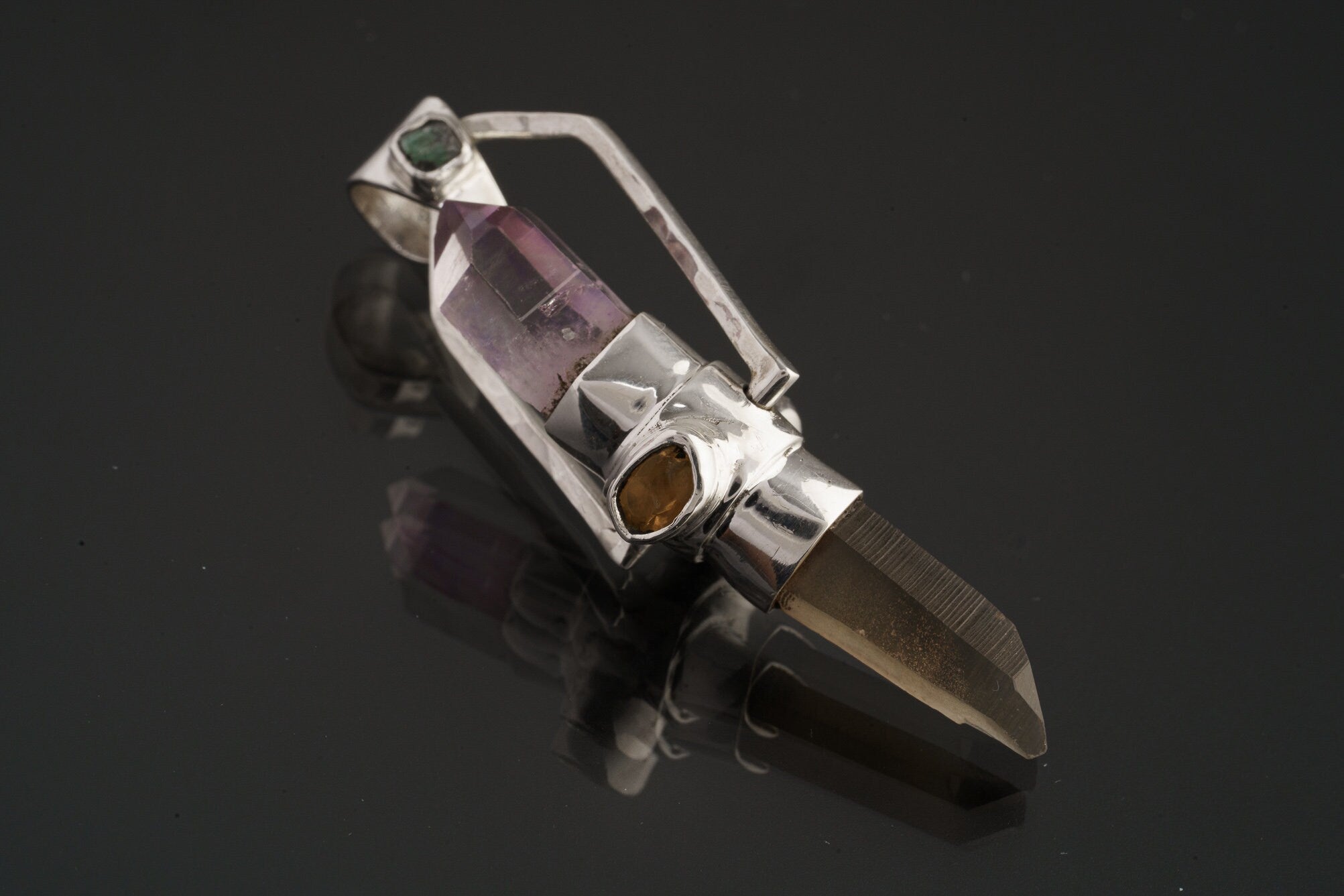 Sterling Silver Spinning Crystal Pendant: Citrine, Amethyst, Emerald, Opal