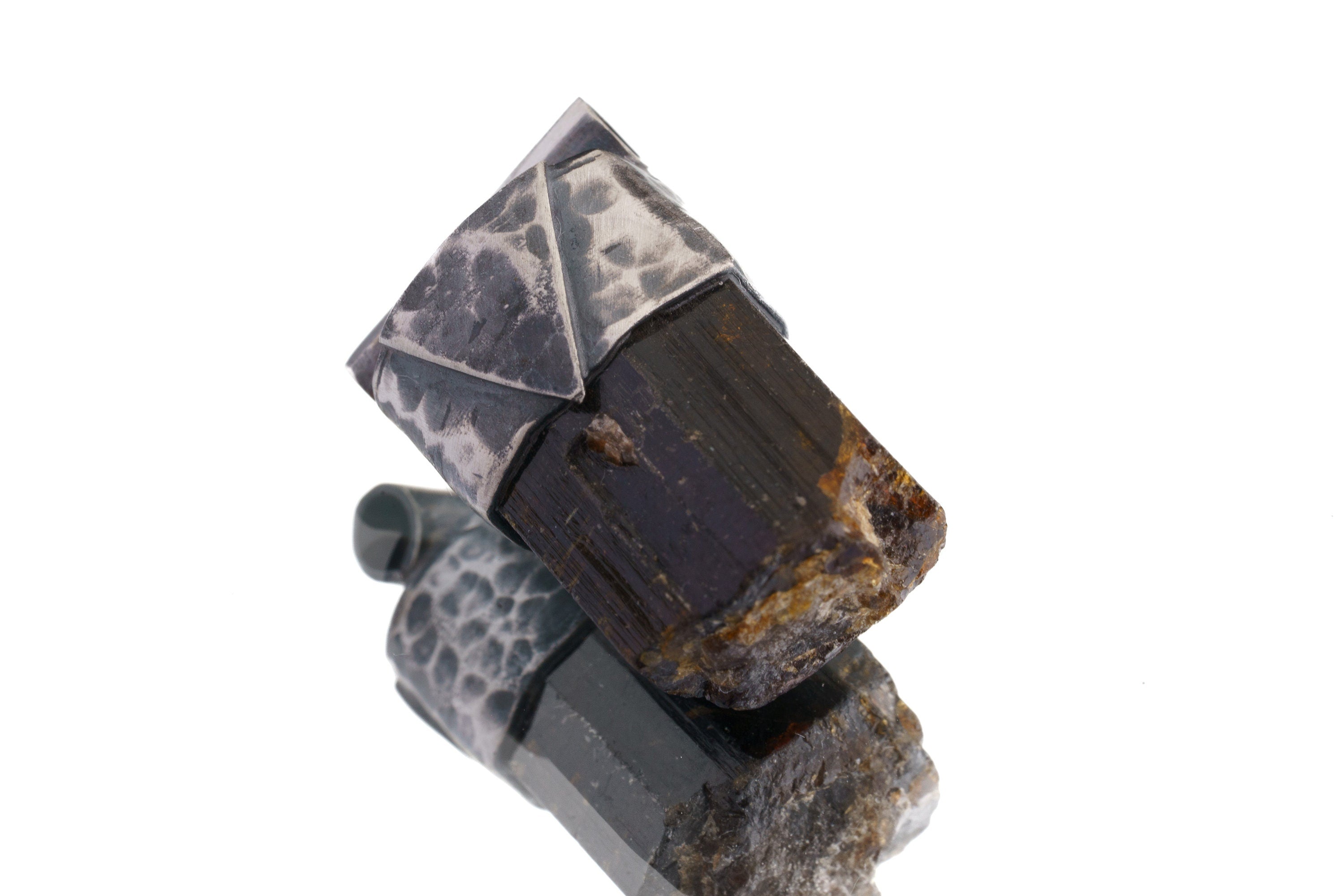 Himalayan Dravite Tourmaline Stack Pendant shown on white background with smoky brown-black crystal and oxidized silver cap.