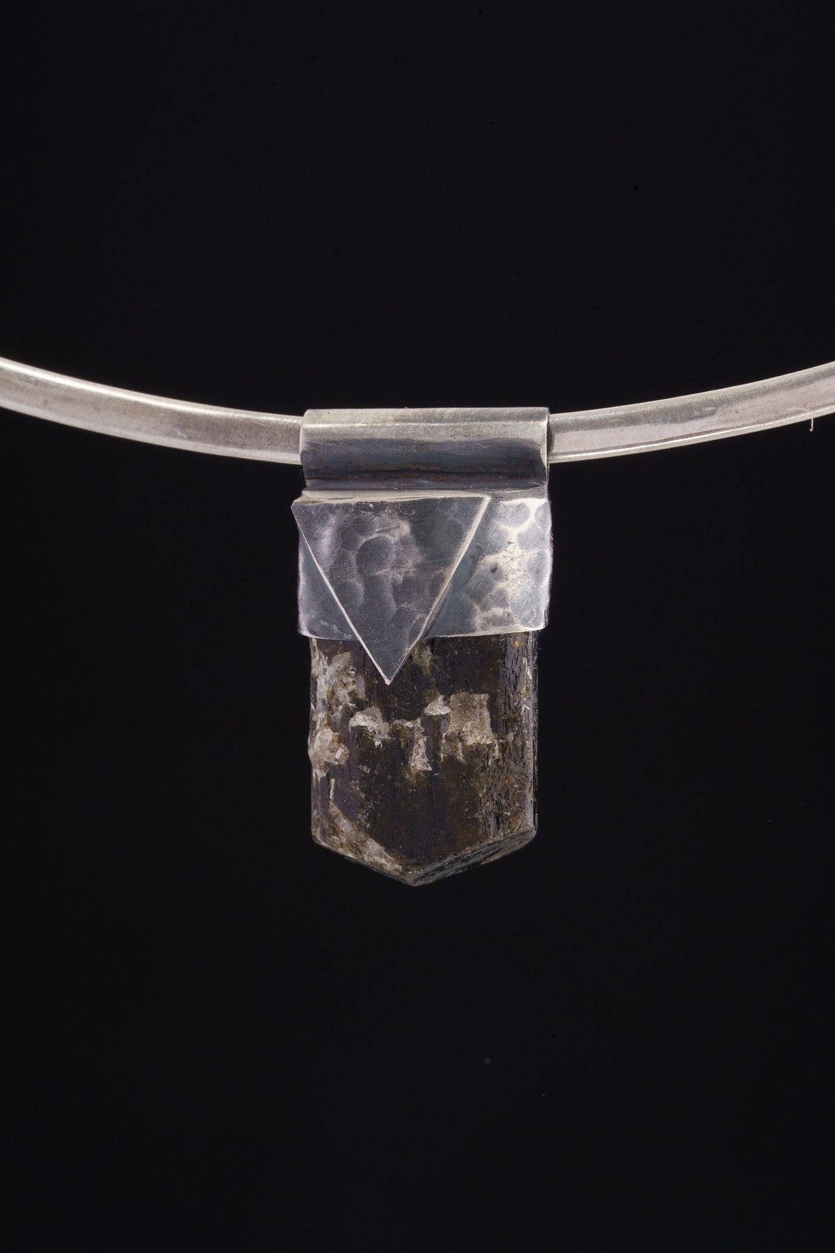 Himalayan Terminated Black Dravite Tourmaline Gem - Stack Pendant -Textured & oxidised - 925 Sterling Silver - Crystal Necklace - No. 14