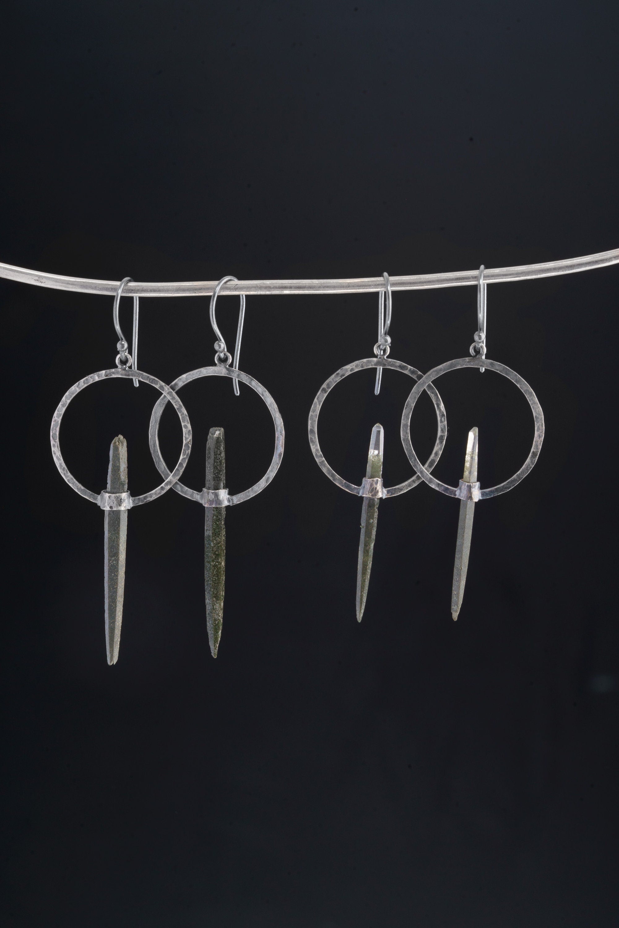 Oxidized Sterling Silver Hoop Earrings, Chlorite Phantom Quartz Dangle