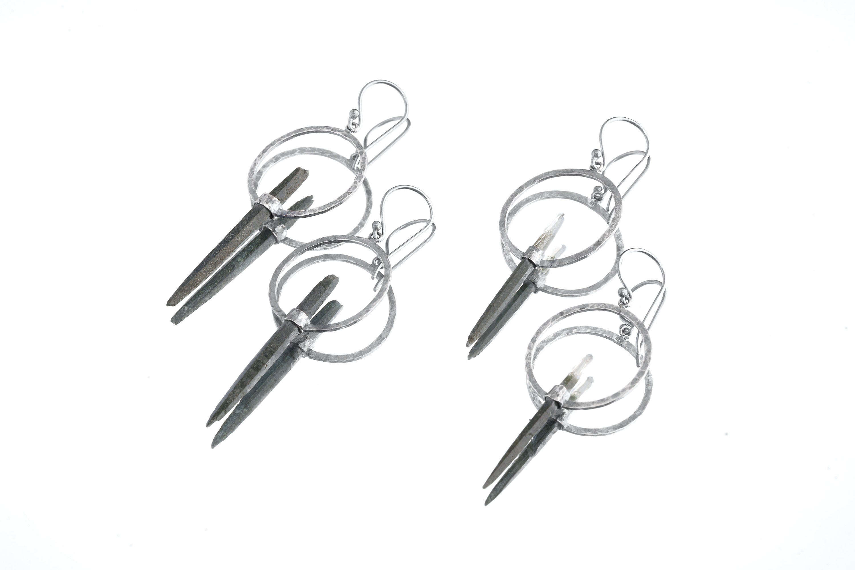 Sterling Silver Hoop Hook Dangle Earrings with Himalayan Double Terminated Chlorite Phantom Quartz Circle Portal Setting Oxidized & Textured