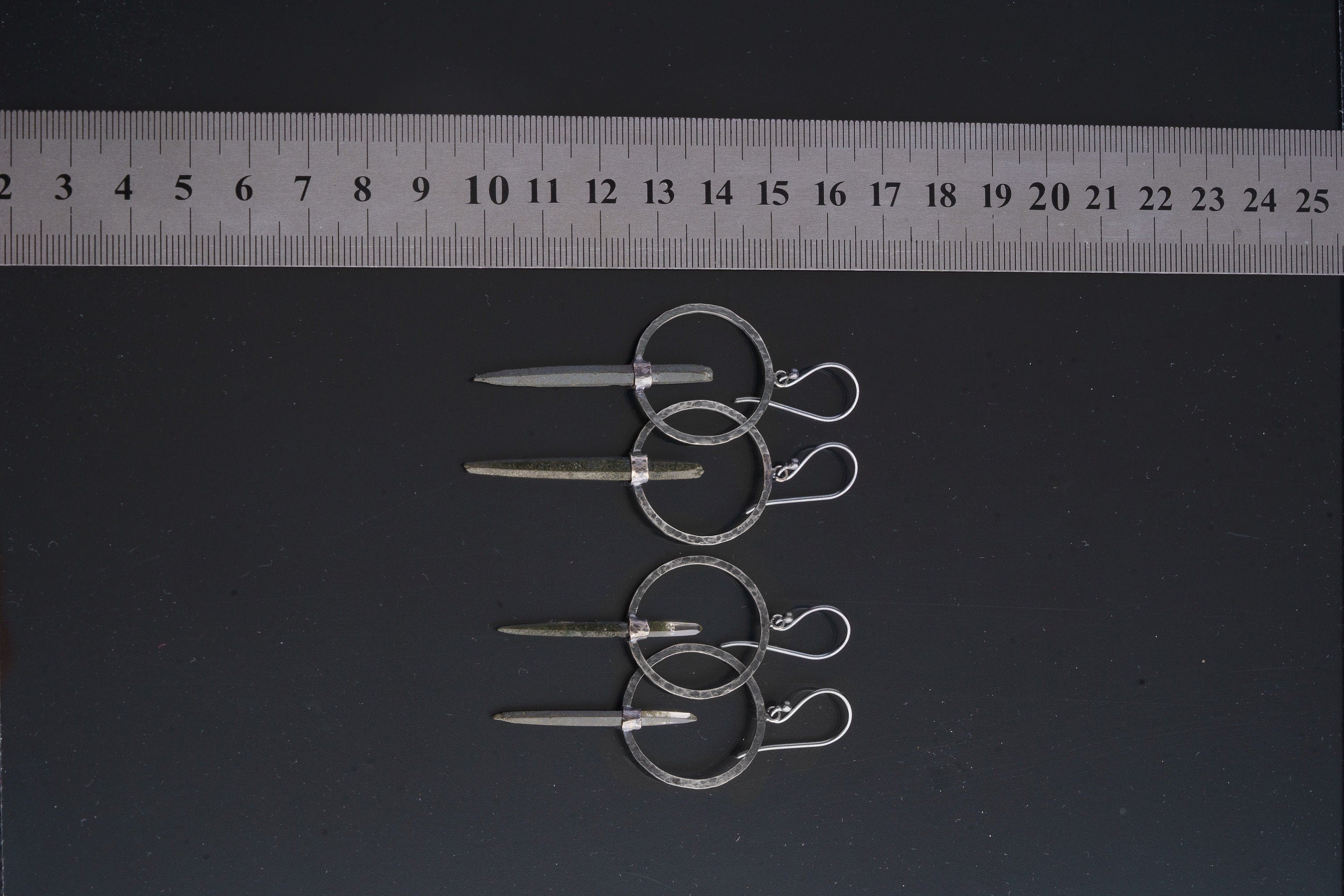 Sterling Silver Hoop Hook Dangle Earrings with Himalayan Double Terminated Chlorite Phantom Quartz Circle Portal Setting Oxidized & Textured
