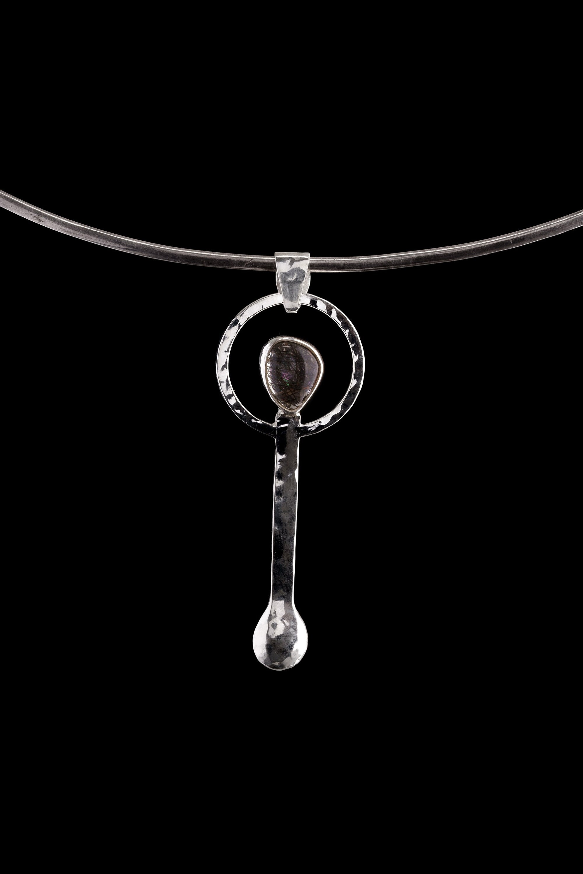 Small Spice / Ceremonial Spoon - Black Rutile Quartz Cabochon - Solid 925 Cast Silver - Unique Hammer Textured - Crystal Pendant Necklace -