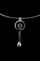 Small Spice / Ceremonial Spoon - Black Rutile Quartz Cabochon - Solid 925 Cast Silver - Unique Hammer Textured - Crystal Pendant Necklace -