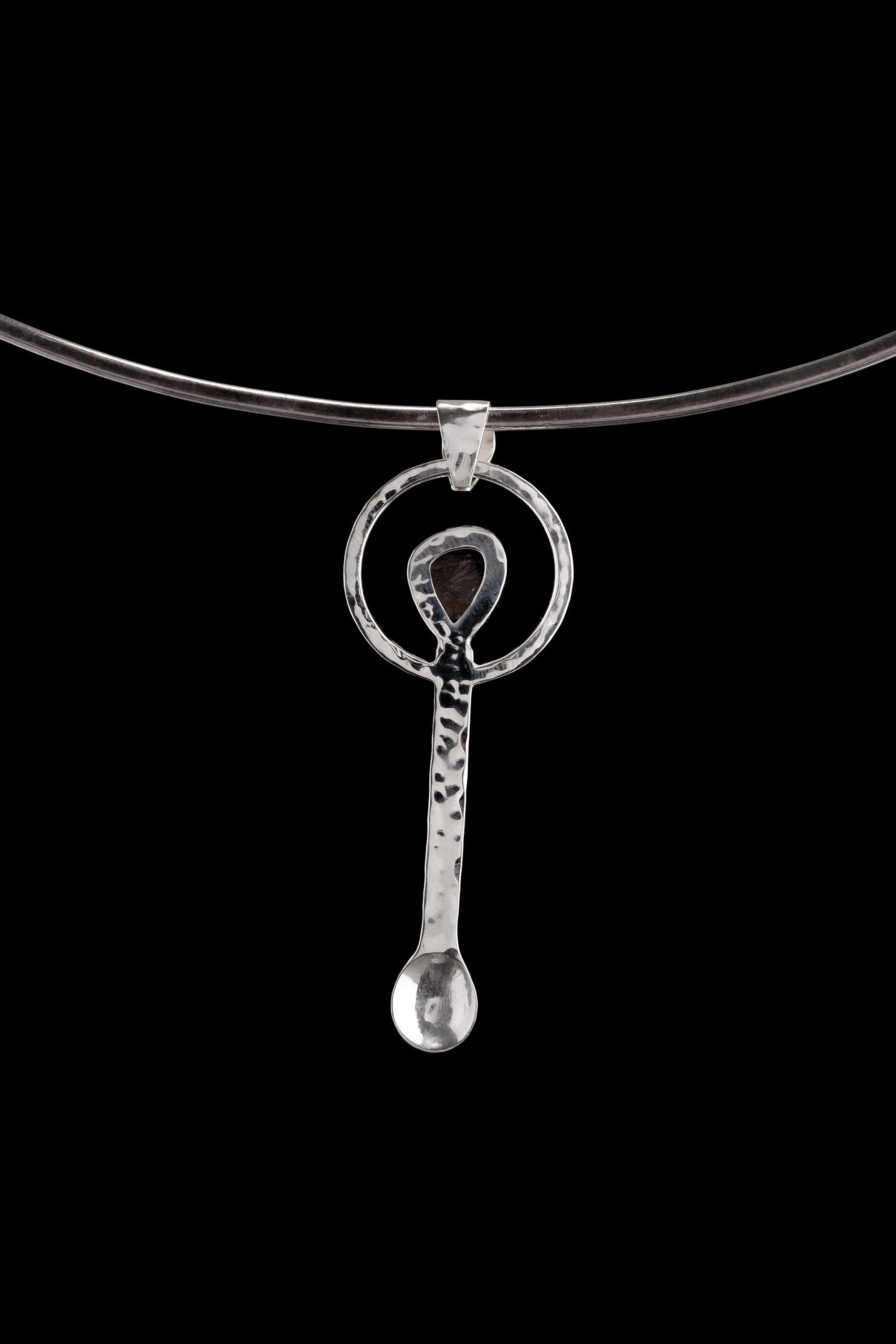 Small Spice / Ceremonial Spoon - Black Rutile Quartz Cabochon - Solid 925 Cast Silver - Unique Hammer Textured - Crystal Pendant Necklace -