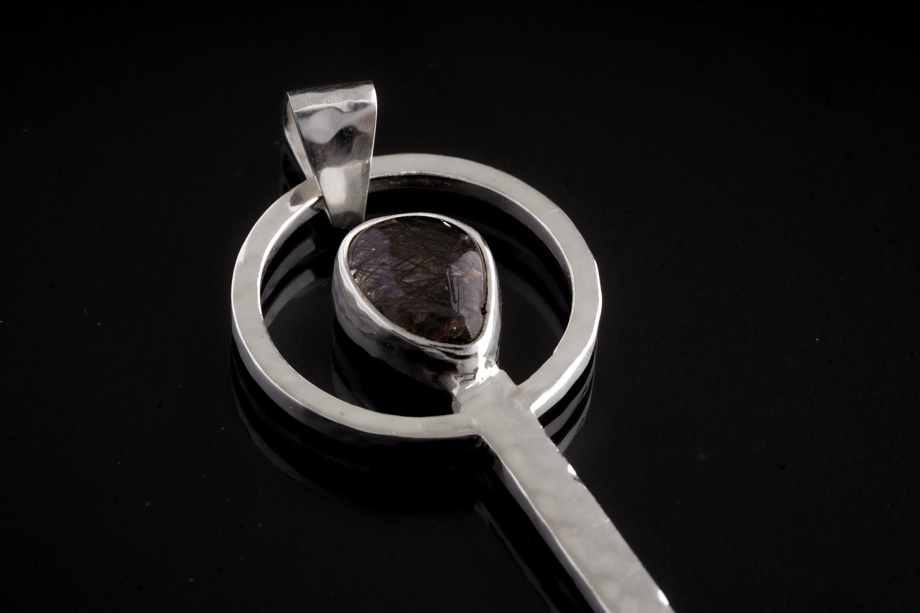 Small Spice / Ceremonial Spoon - Black Rutile Quartz Cabochon - Solid 925 Cast Silver - Unique Hammer Textured - Crystal Pendant Necklace -